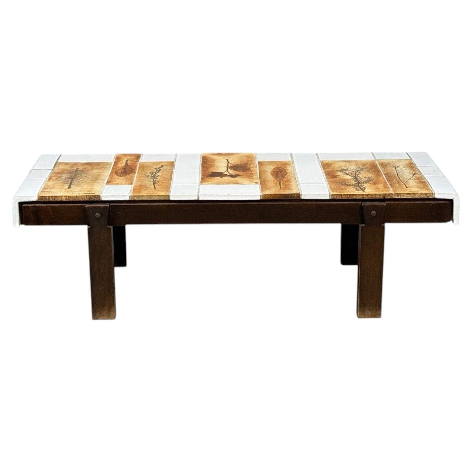 Roger Capron, Low Coffee Table, Tile, Stained Wood, France, 1970s