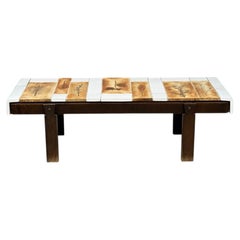 Roger Capron, Low Coffee Table, Tile, Stained Wood, France, 1970s