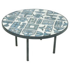 Roger Capron Low Table, in Ceramic, France 1970, Round, Blue Colors, Metal Frame