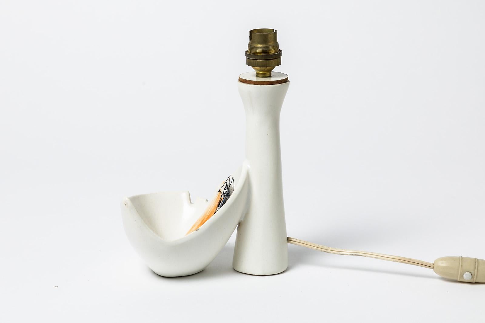 French Roger Capron Midcentury Design Ceramic White Table Lamp Fish Decoration