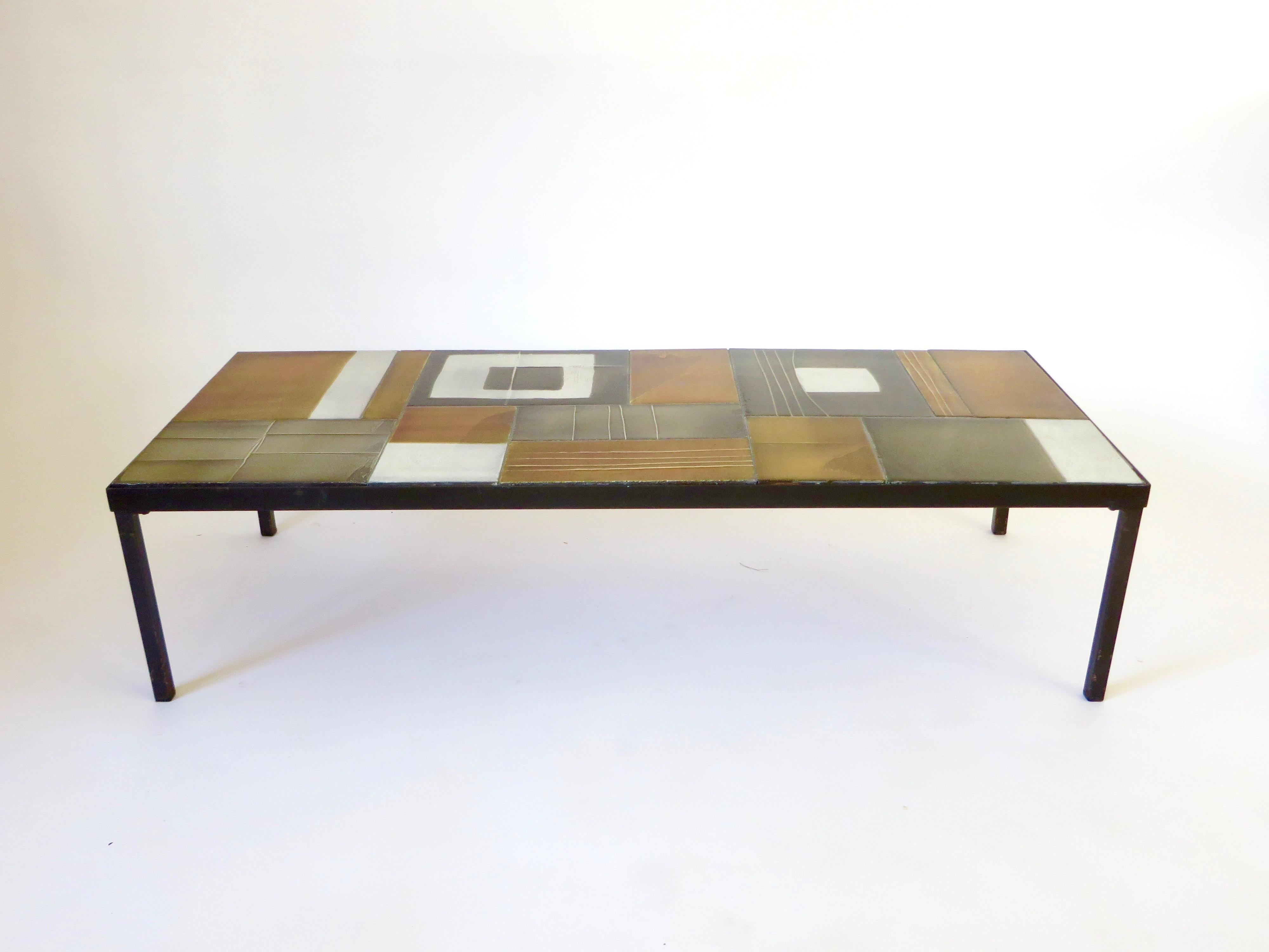 Roger Capron Multi-Color Ceramic Coffee Table in Amber Ochre Gray and White  In Good Condition In Chicago, IL