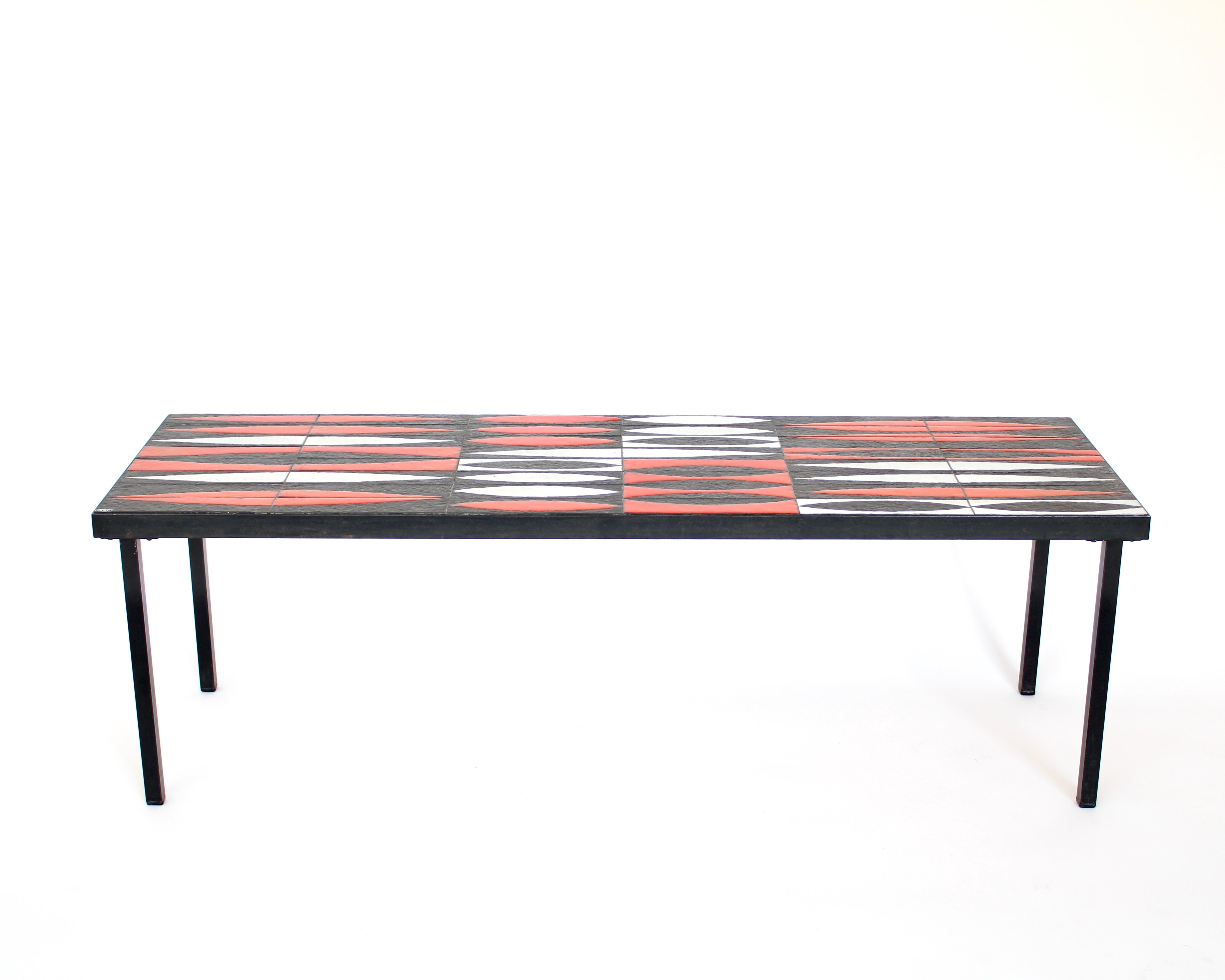 Mid-Century Modern Roger Capron Navette Red, Orange, Black and White French Ceramic Coffee Table