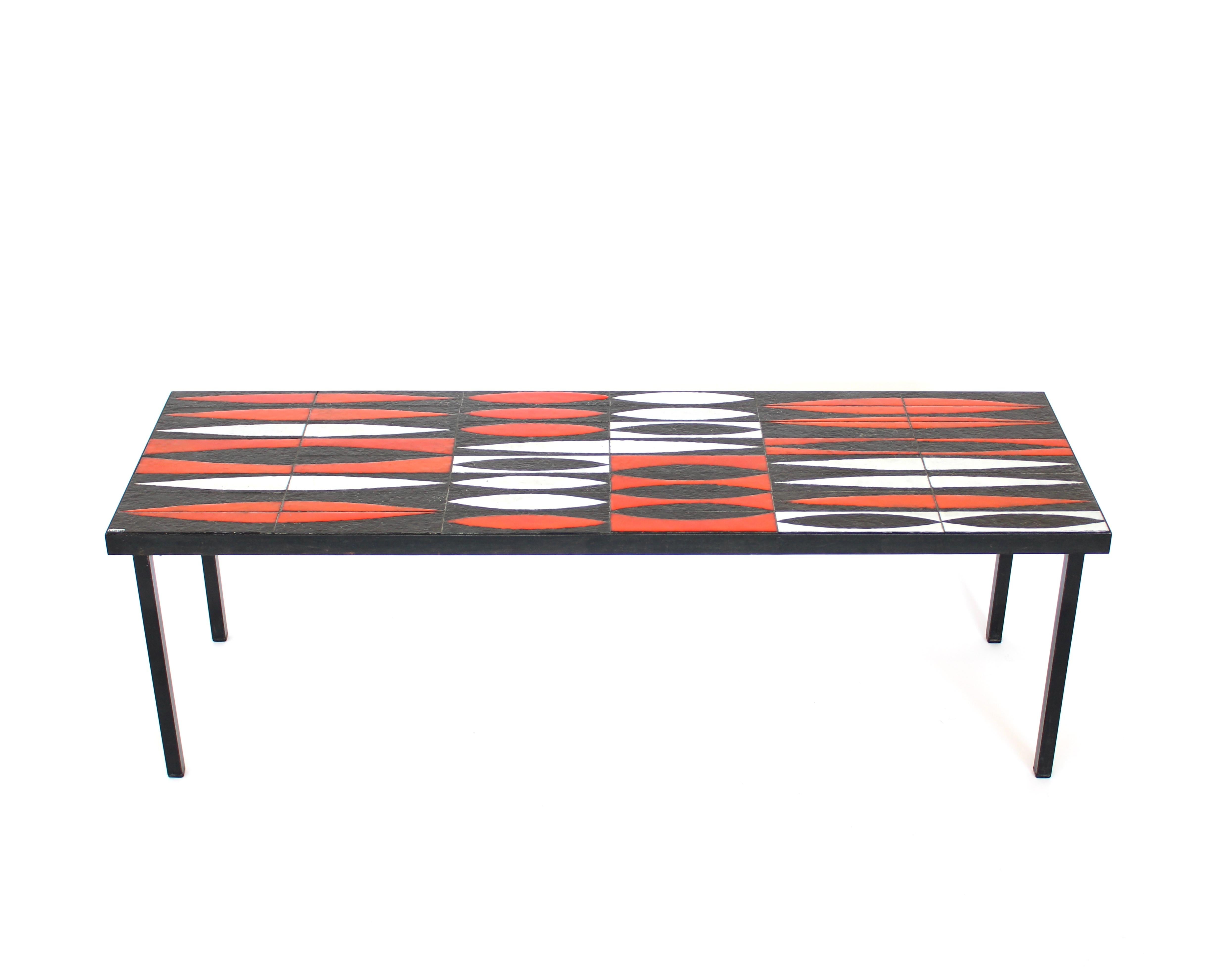 Roger Capron Navette Red, Orange, Black and White French Ceramic Coffee Table In Good Condition In Chicago, IL