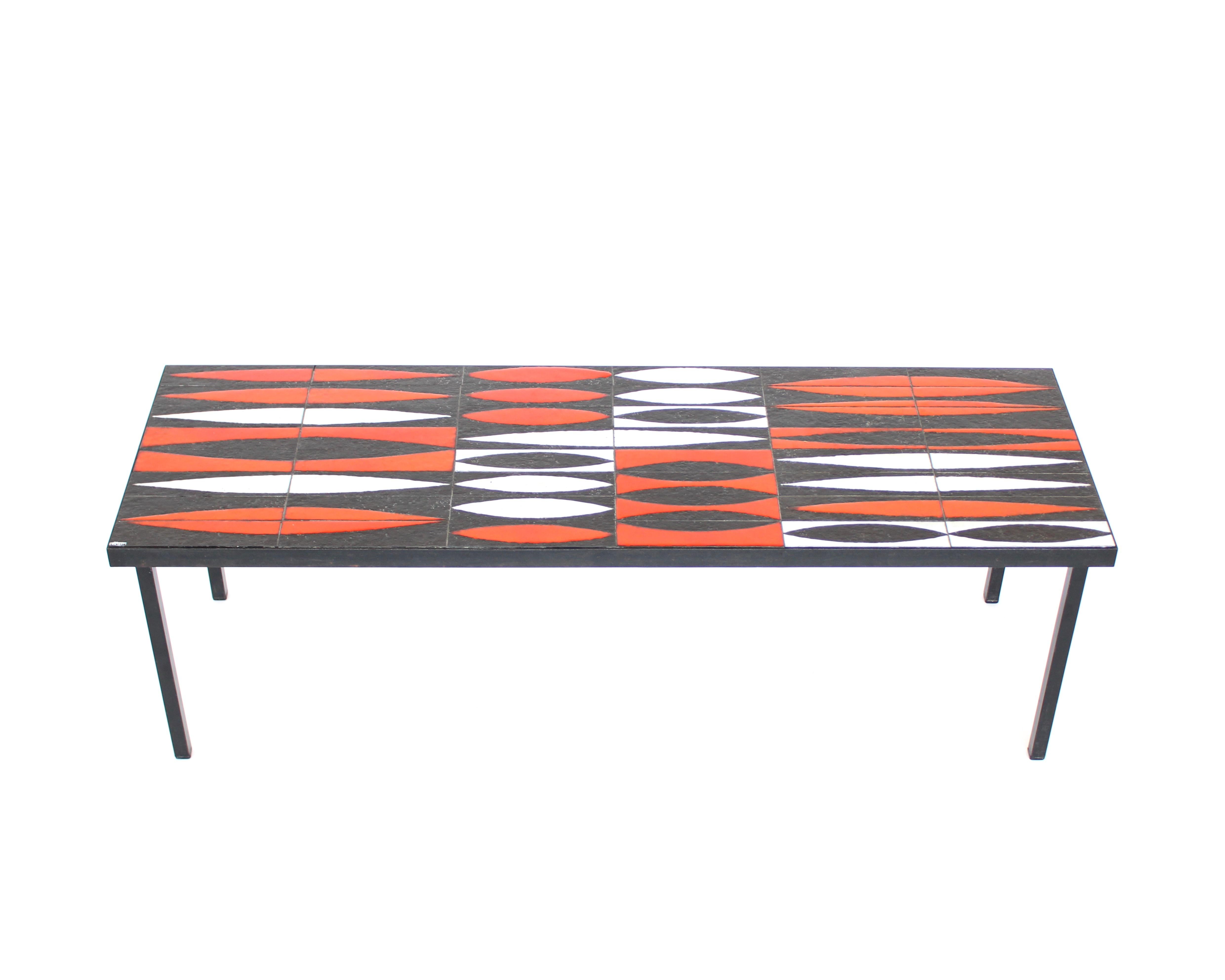 Mid-20th Century Roger Capron Navette Red, Orange, Black and White French Ceramic Coffee Table