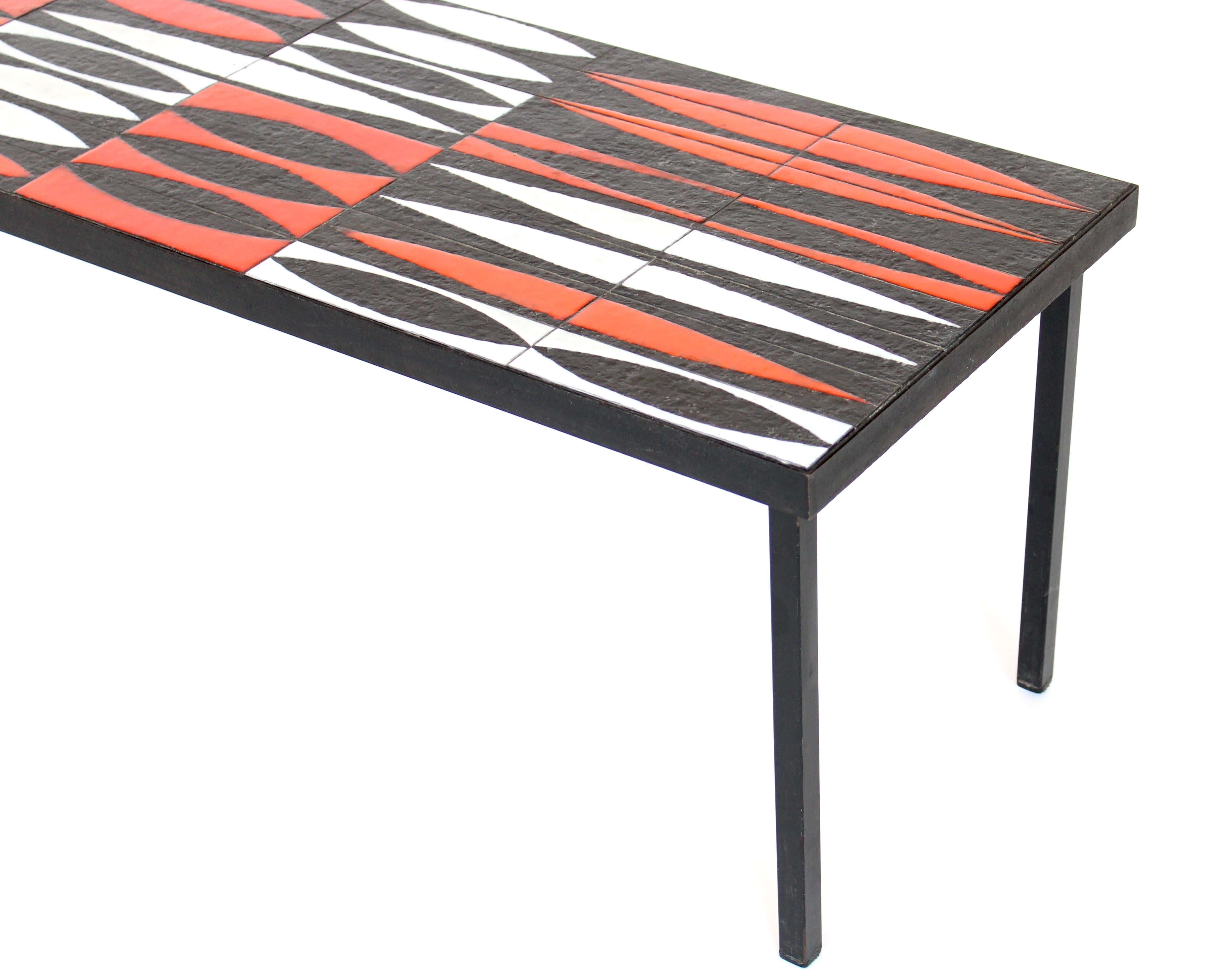 Roger Capron Navette Red, Orange, Black and White French Ceramic Coffee Table 4