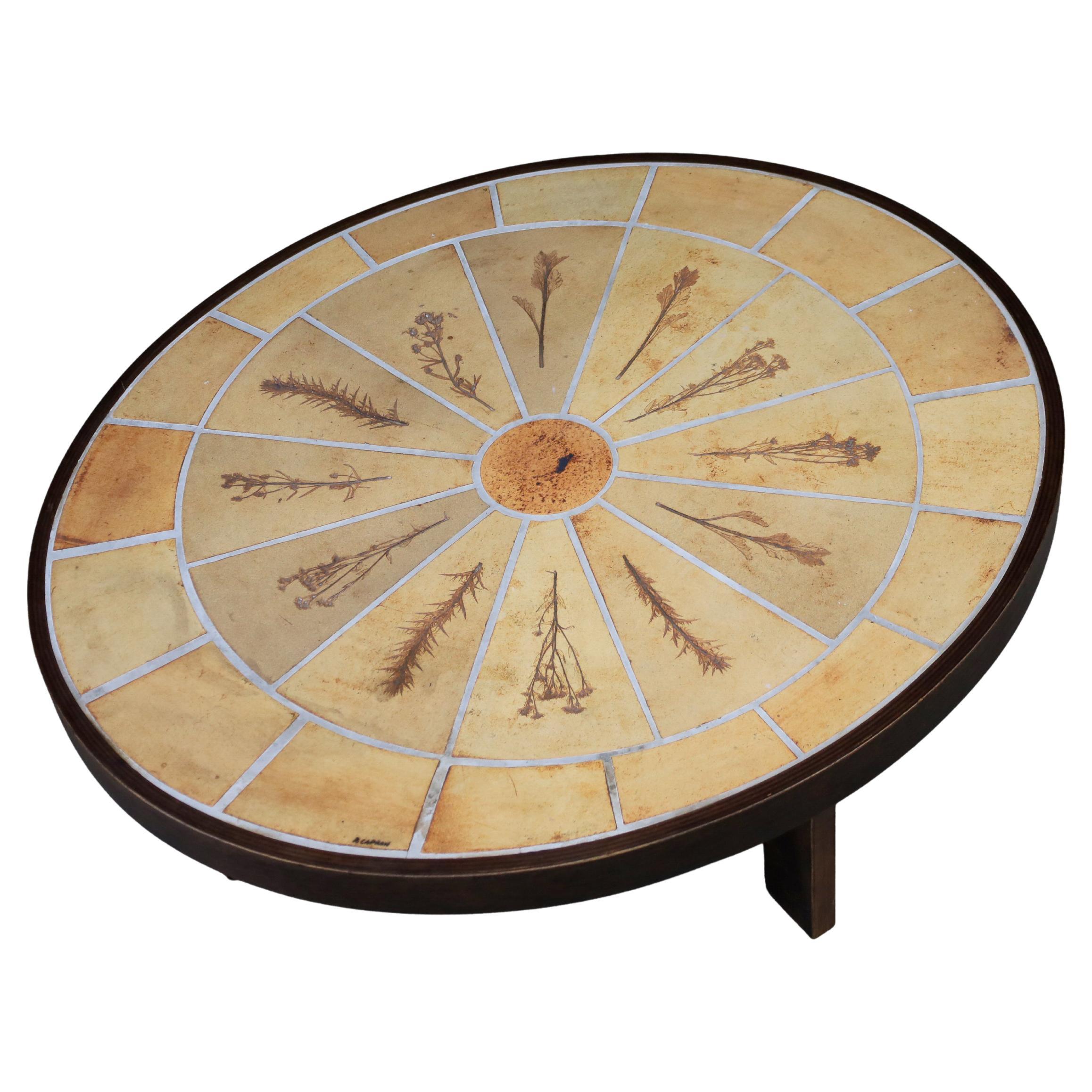 Roger Capron Oval Ceramic Coffee Table with Botanical Motif, France, 1960s