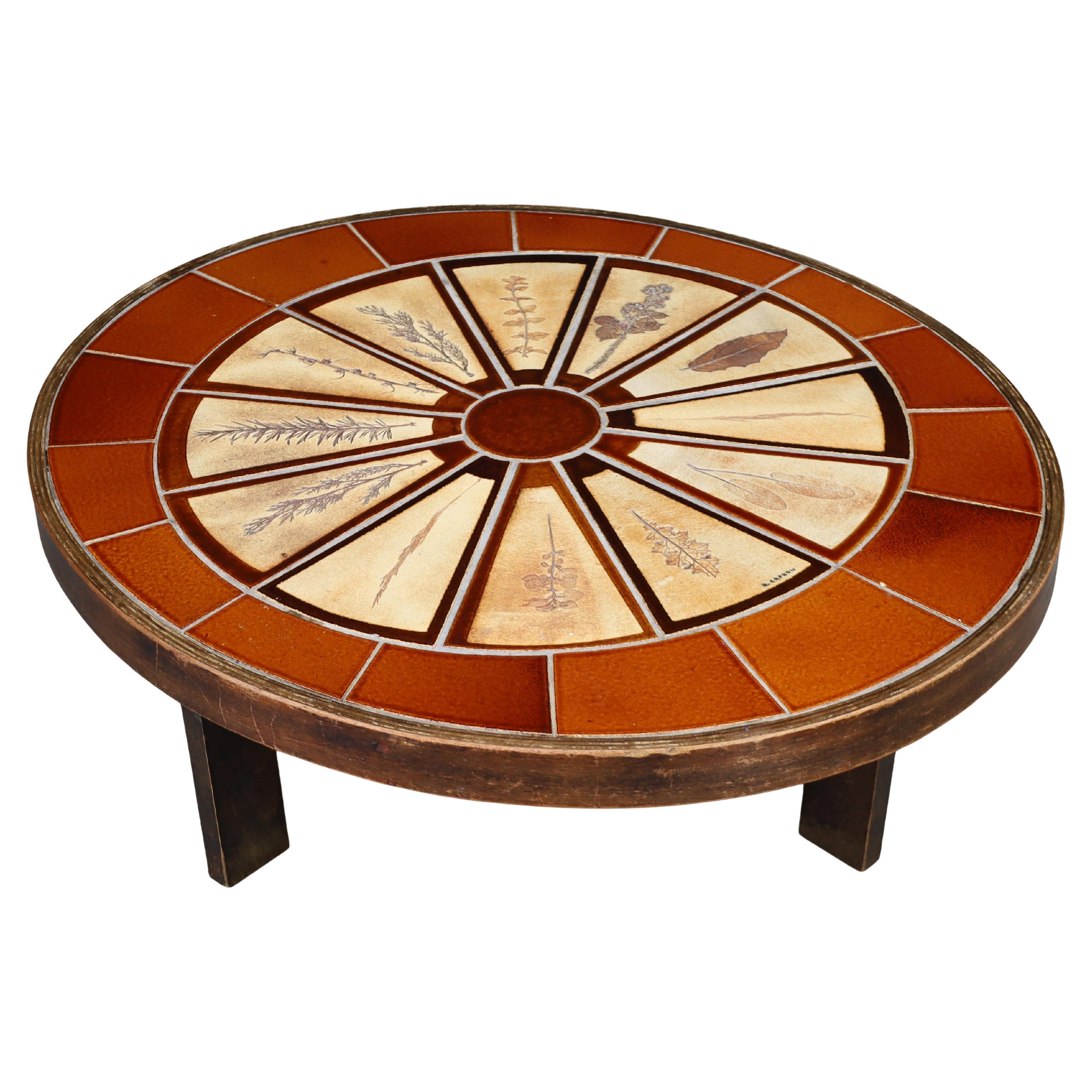 Roger Capron Oval Ceramic Coffee Table with Botanical Motif, France, 1960s