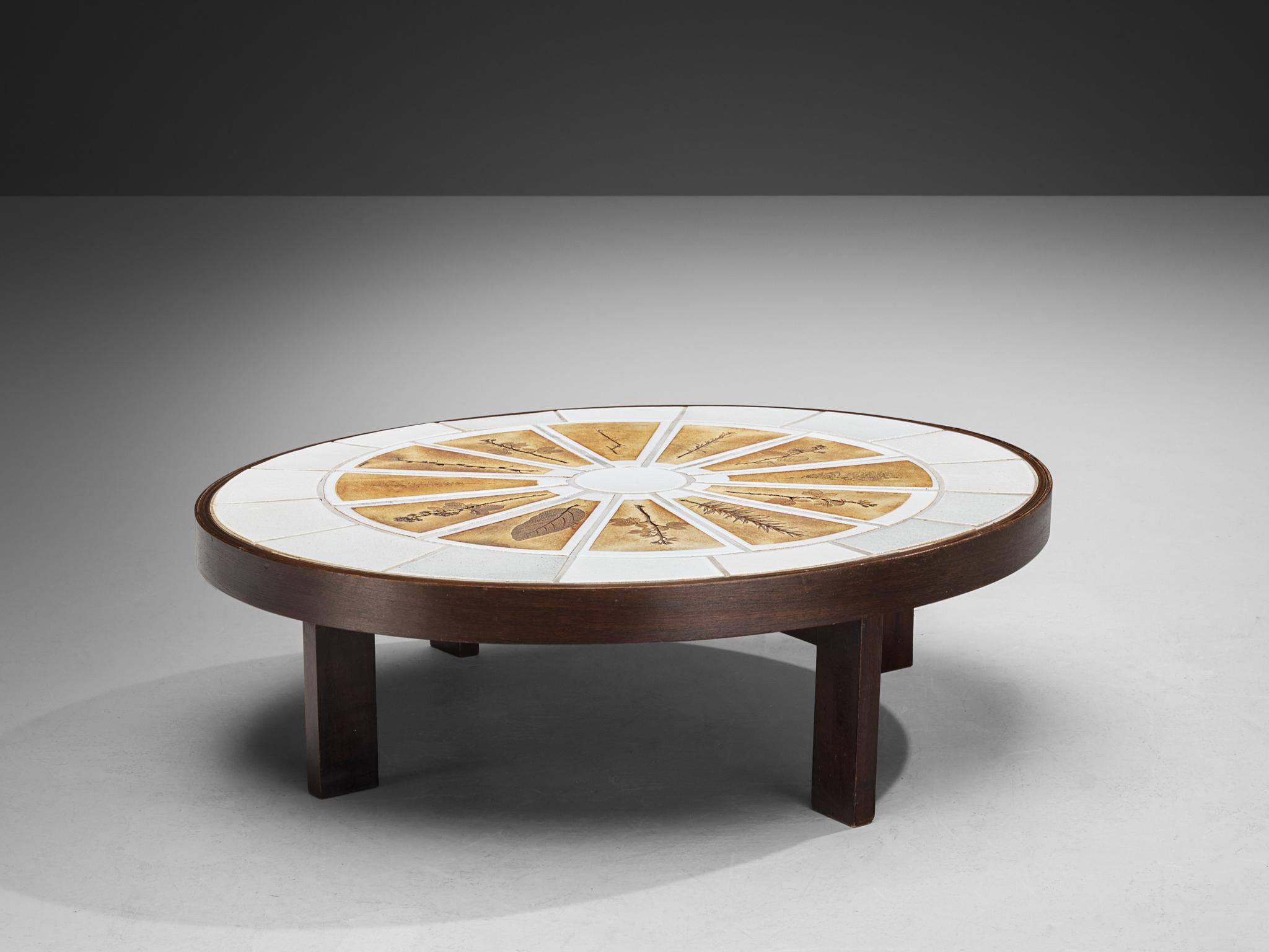 Roger Capron Table basse ovale avec empreintes de Fauna en céramique et Wood en vente 3