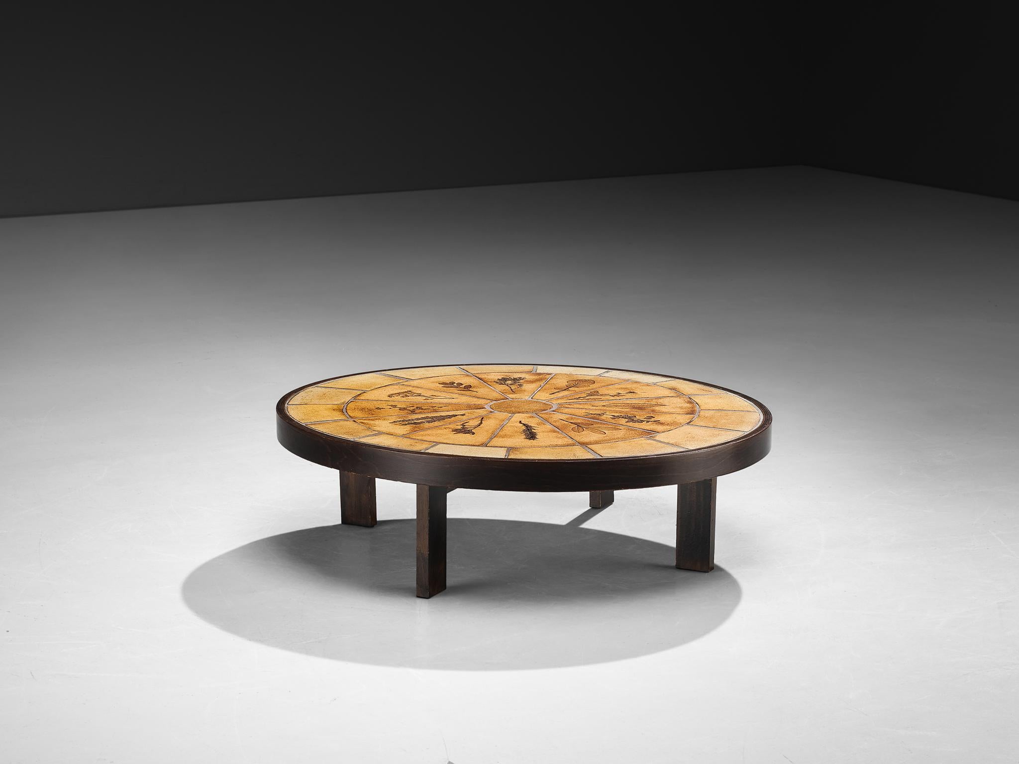 Roger Capron Oval Coffee Table with Fauna Imprints in Ceramic and Wood For Sale 4