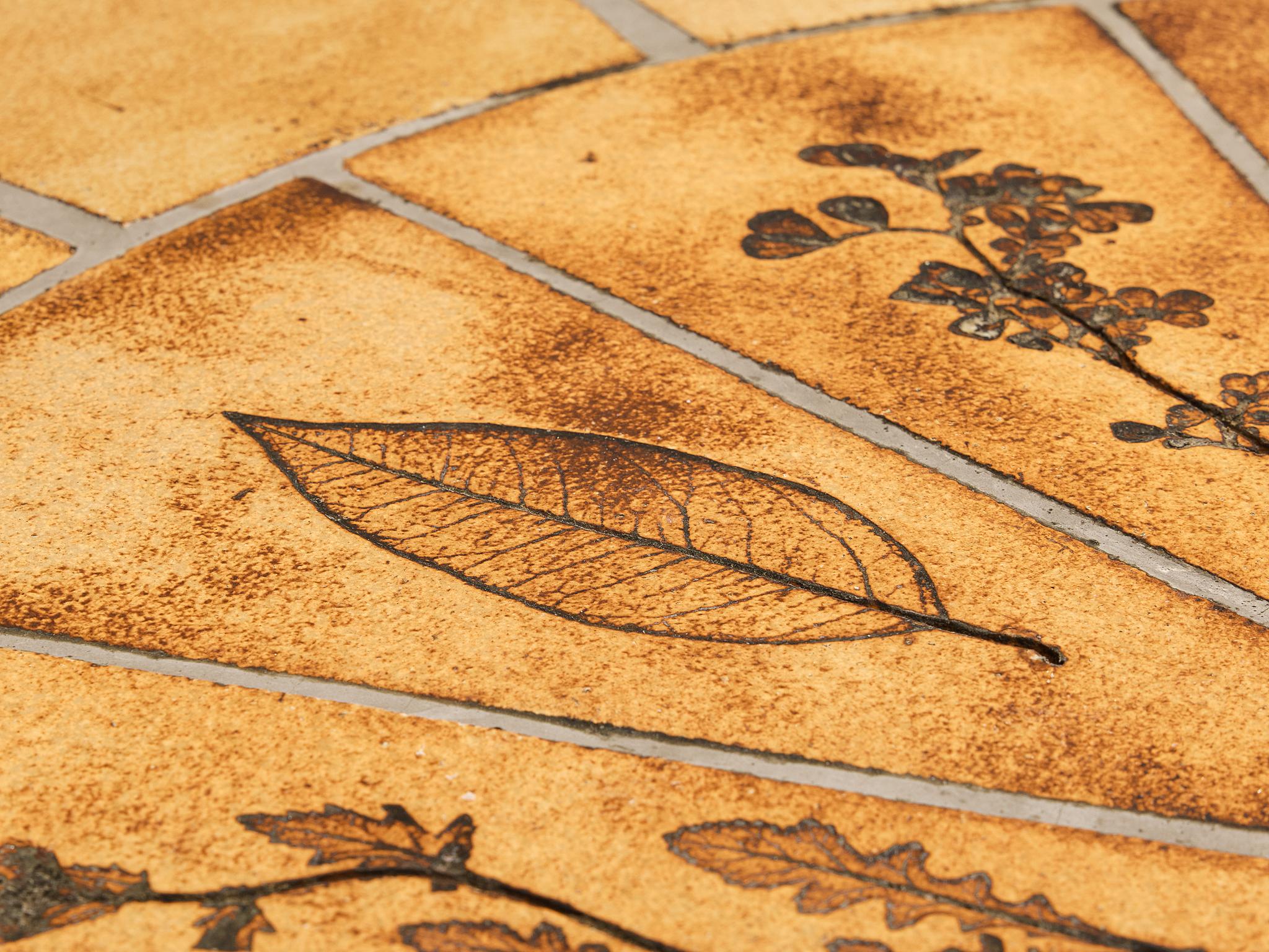 Mid-20th Century Roger Capron Oval Coffee Table with Fauna Imprints in Ceramic and Wood For Sale