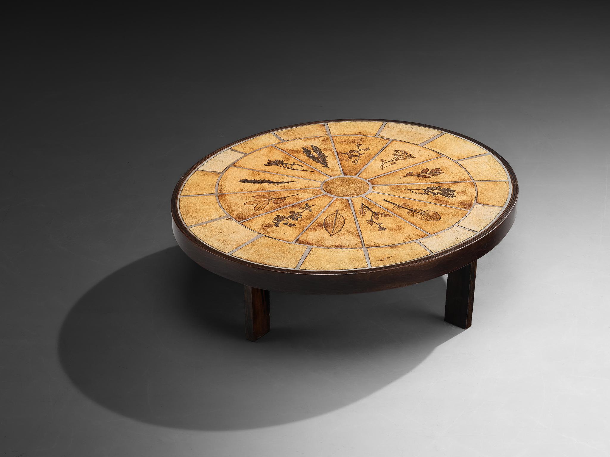 Roger Capron Oval Coffee Table with Fauna Imprints in Ceramic and Wood For Sale 1
