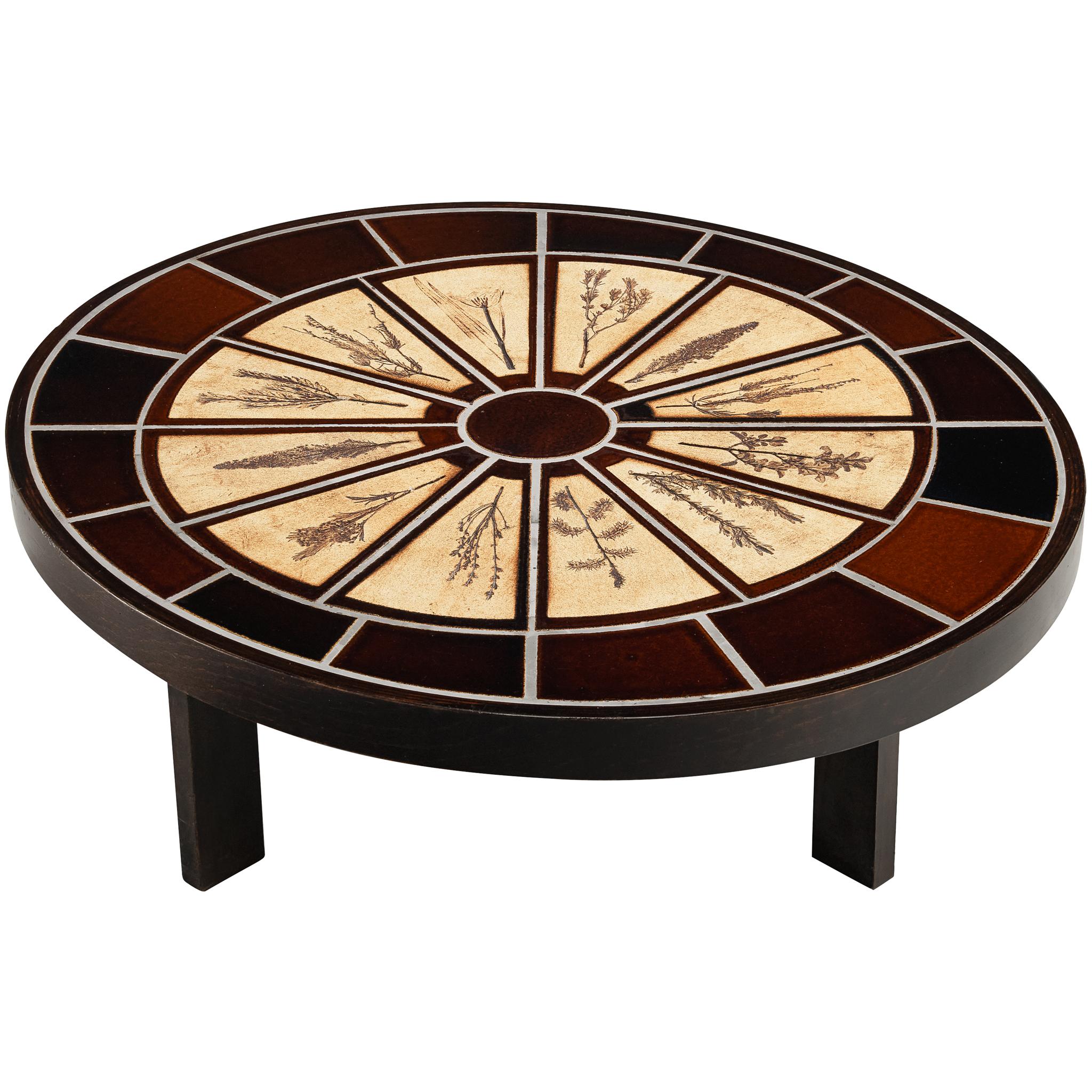 Table basse ovale Roger Capron avec impressions florales en céramique et bois