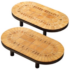 Roger Capron Oval Pair of Coffee Tables in Ceramic and Wood