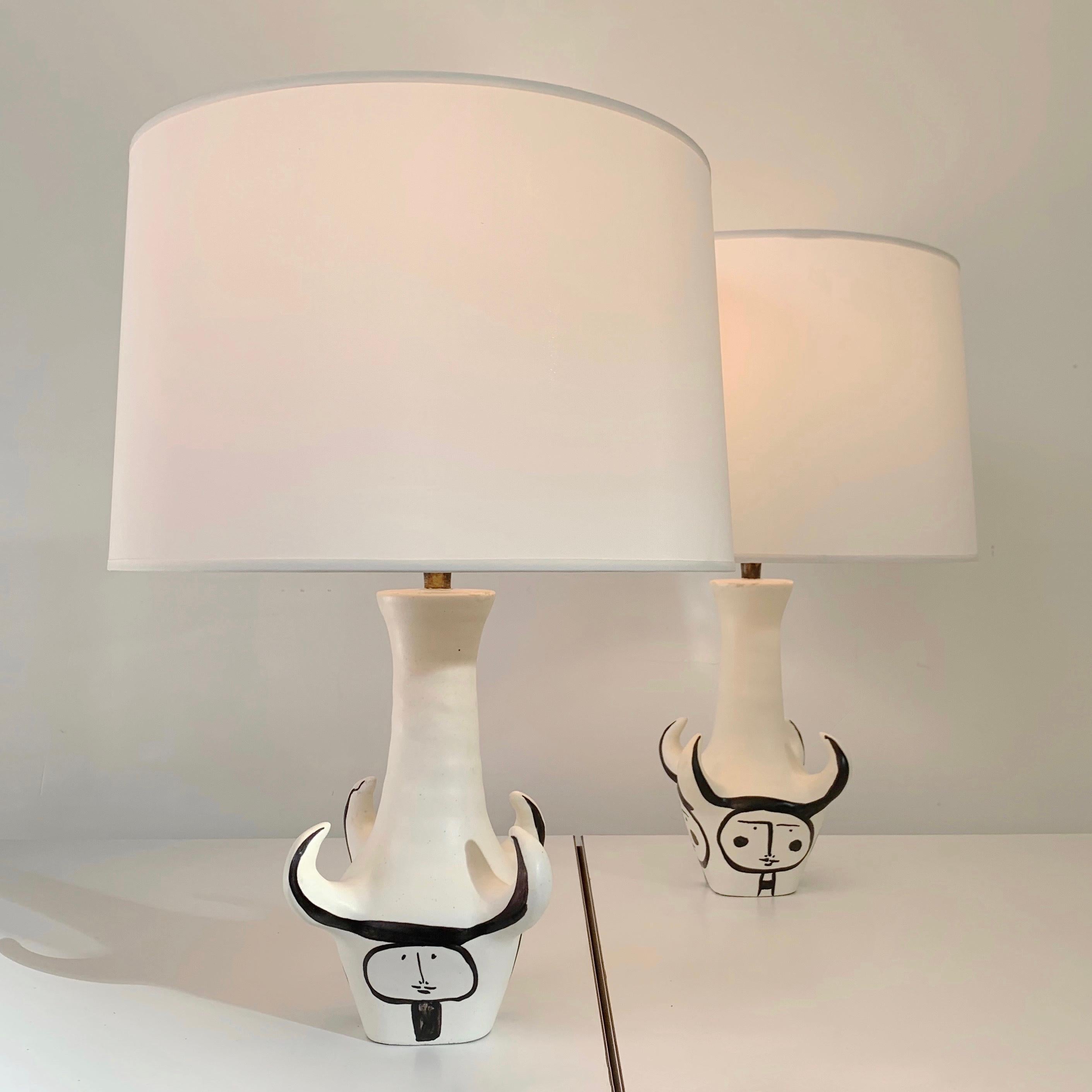 Mid-Century Modern  Roger Capron Pair Of 4 Horns Signed Ceramic Table Lamps , circa 1955, France. For Sale