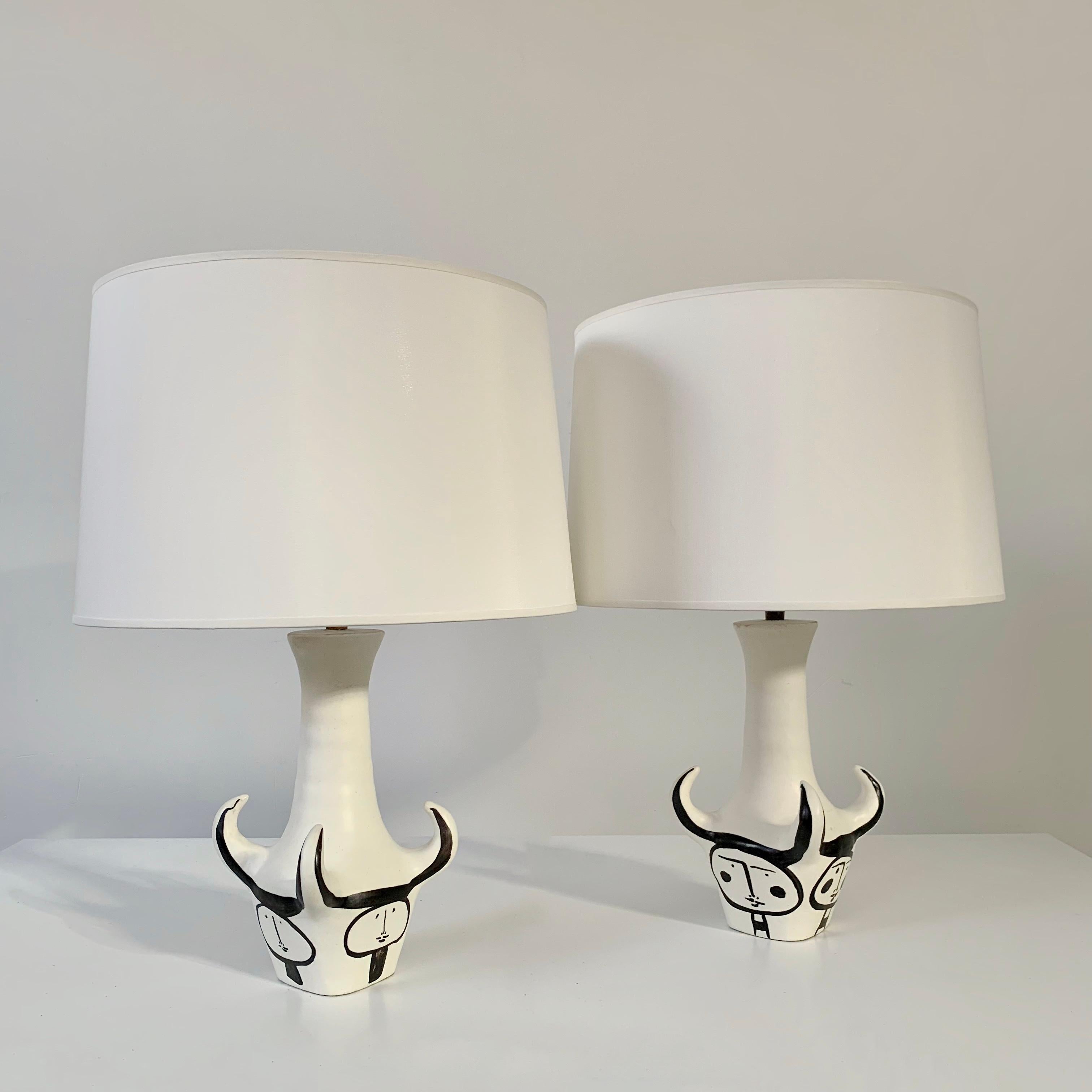  Roger Capron Pair Of 4 Horns Signed Ceramic Table Lamps , circa 1955, France. In Good Condition For Sale In Brussels, BE