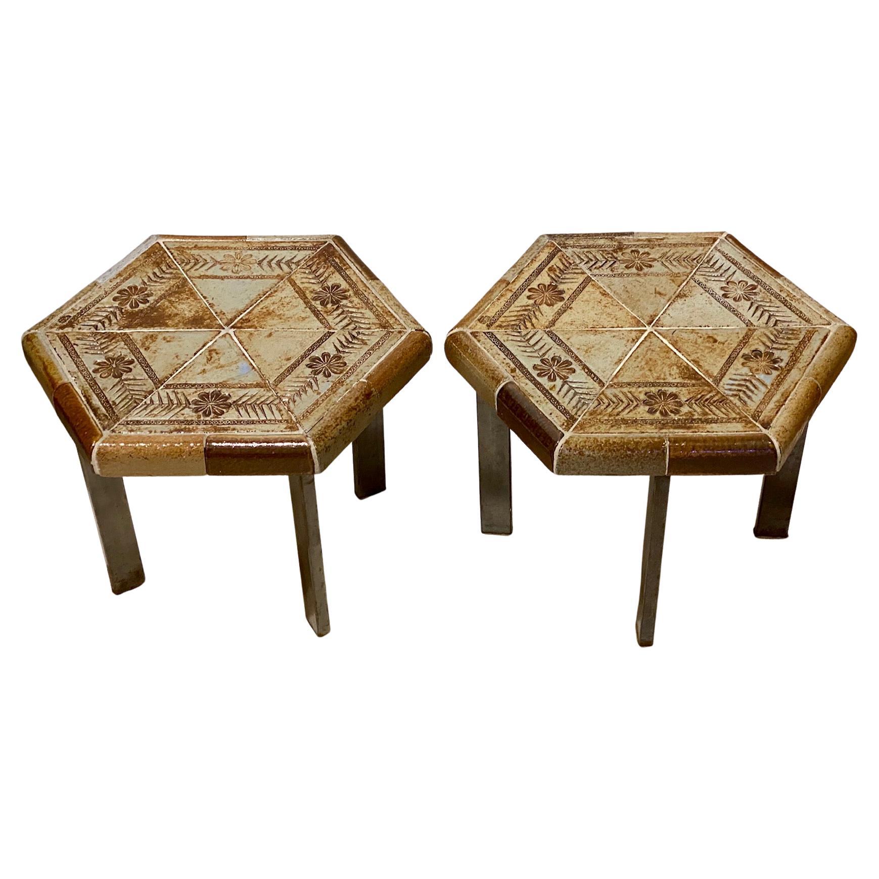 Roger Capron Pair of Small Ceramic Side Tables 1960s For Sale