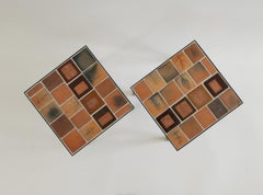 Roger Capron - Pair of Vintage Side Tables - Ceramic Herbier Tiles - Metal Frame