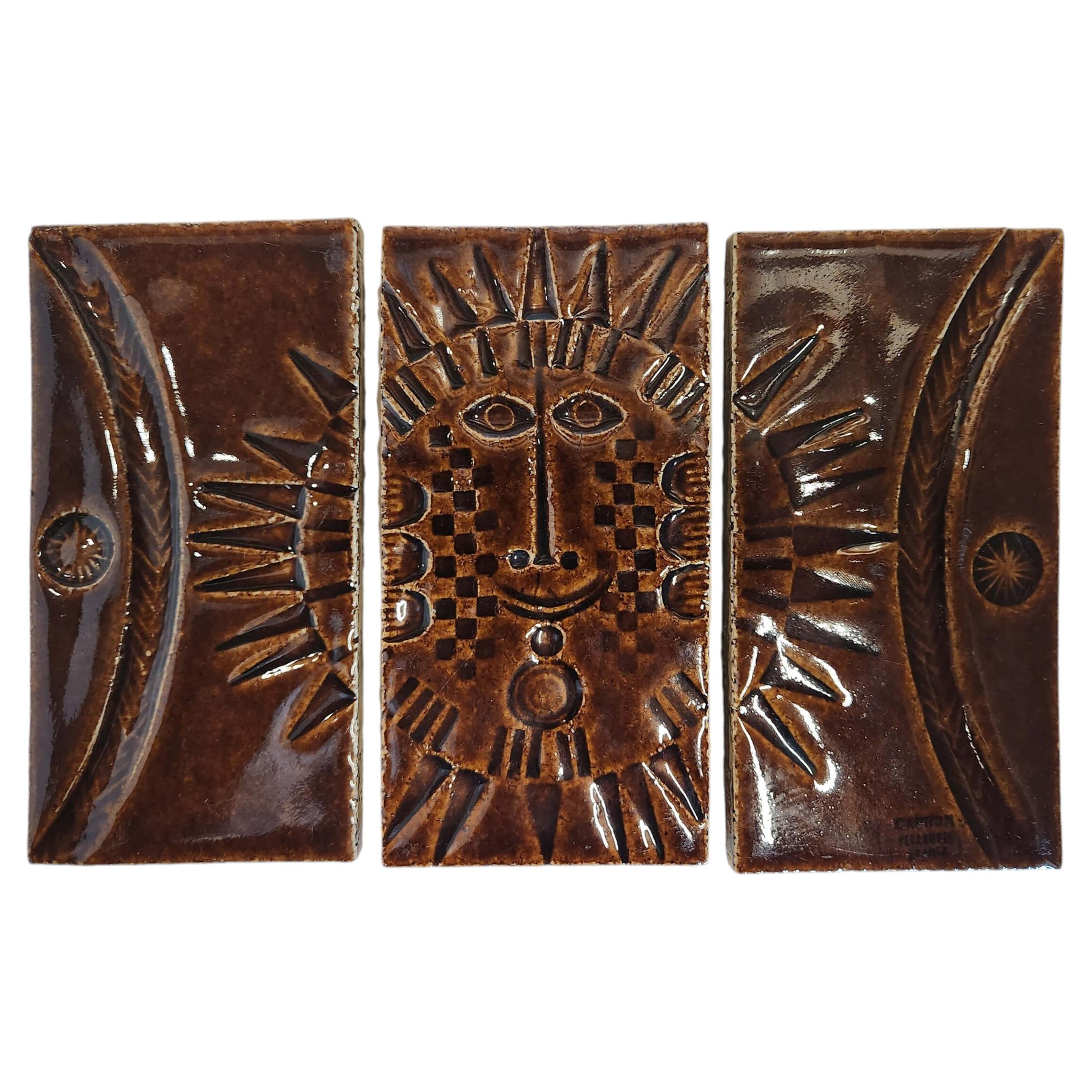 Roger Capron - Panel with 3 Ceramic Glazed Tiles - SUN - 1970's For Sale