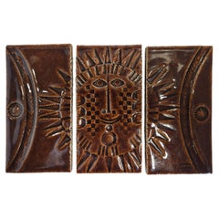 Roger Capron - Panel with 3 Ceramic Glazed Tiles - SUN - 1970's