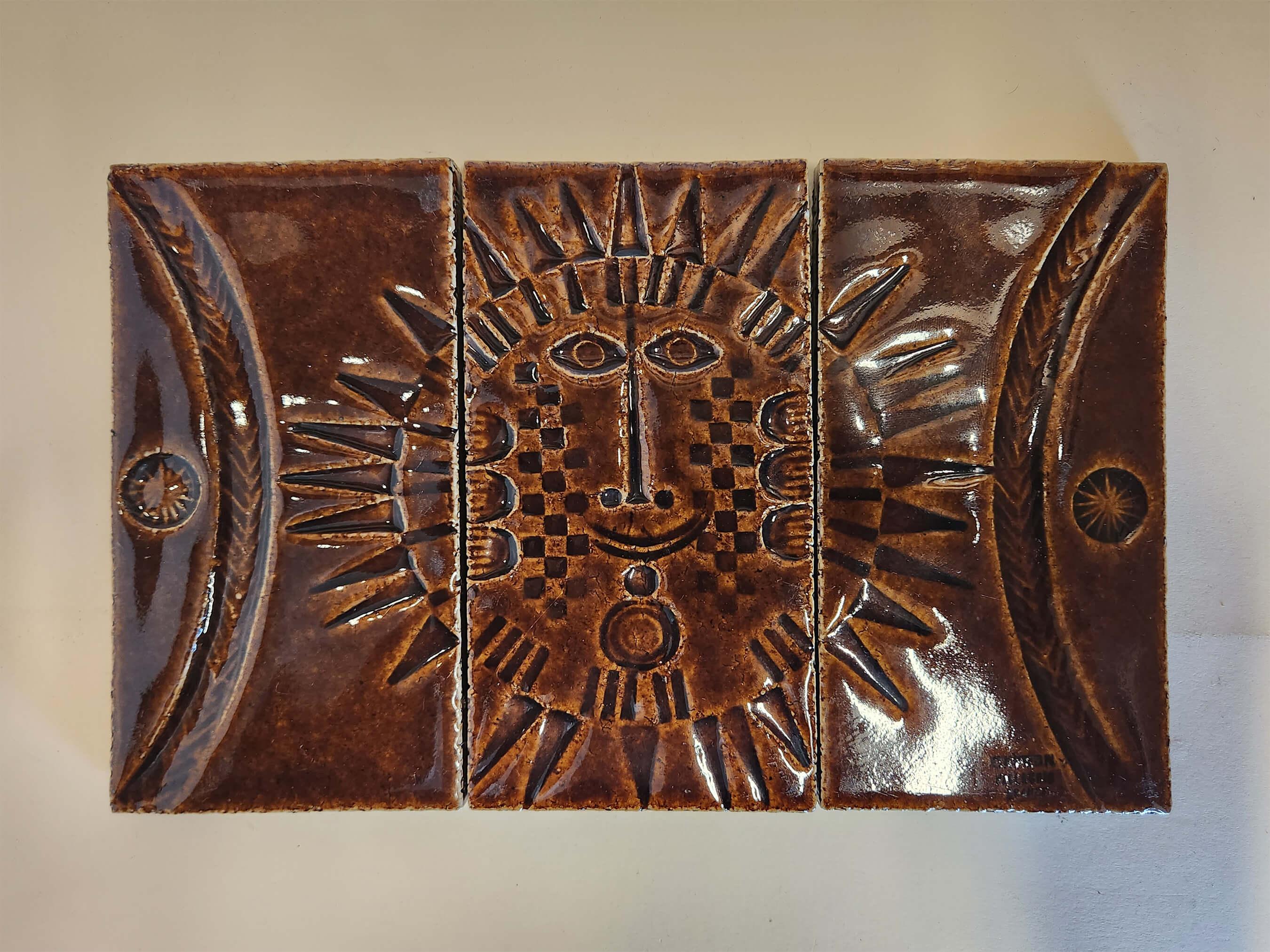 Mid-Century Modern Roger Capron - Panel with 3 Ceramic Tiles - SUN