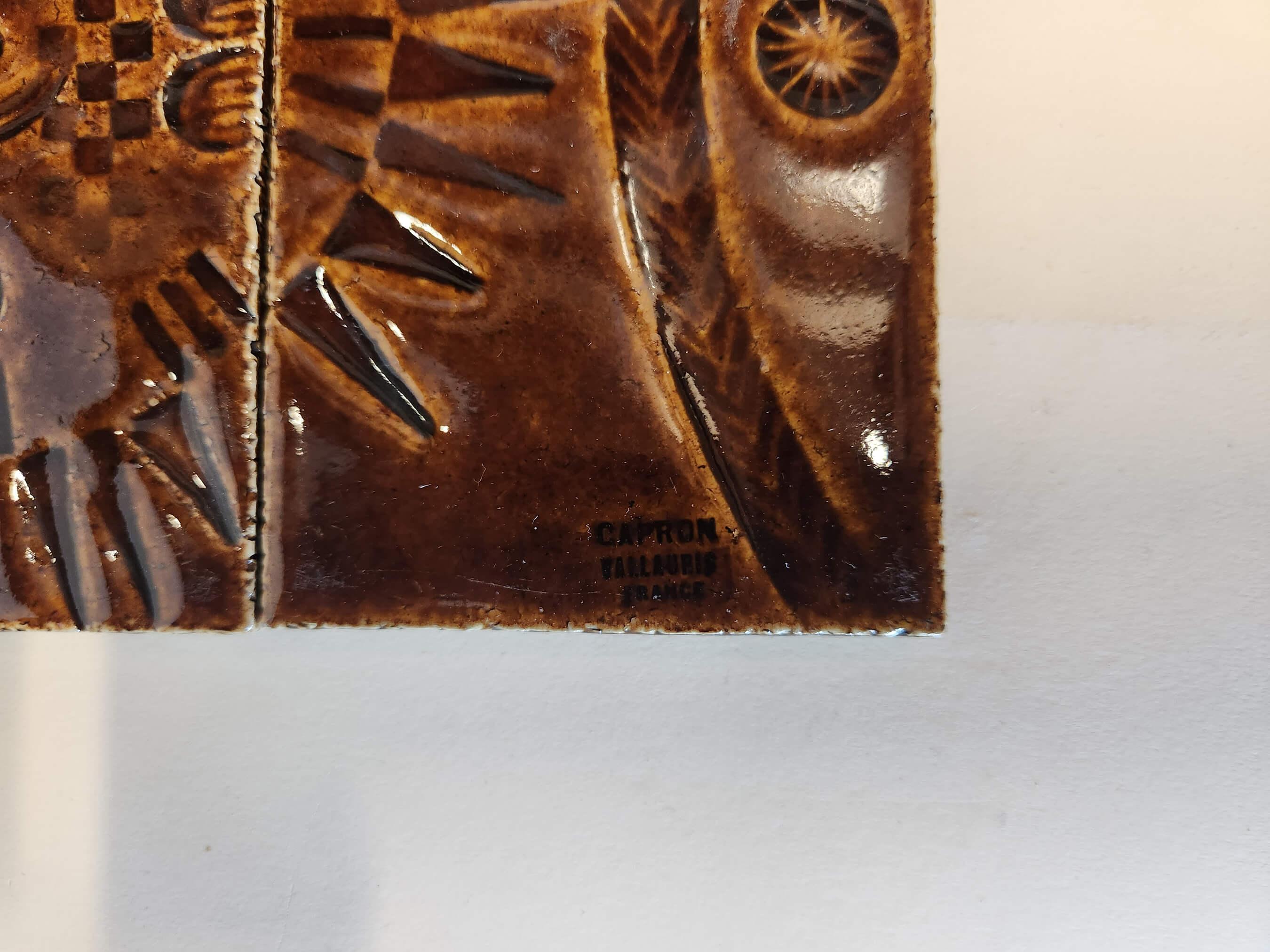 French Roger Capron - Panel with 3 Ceramic Tiles - SUN