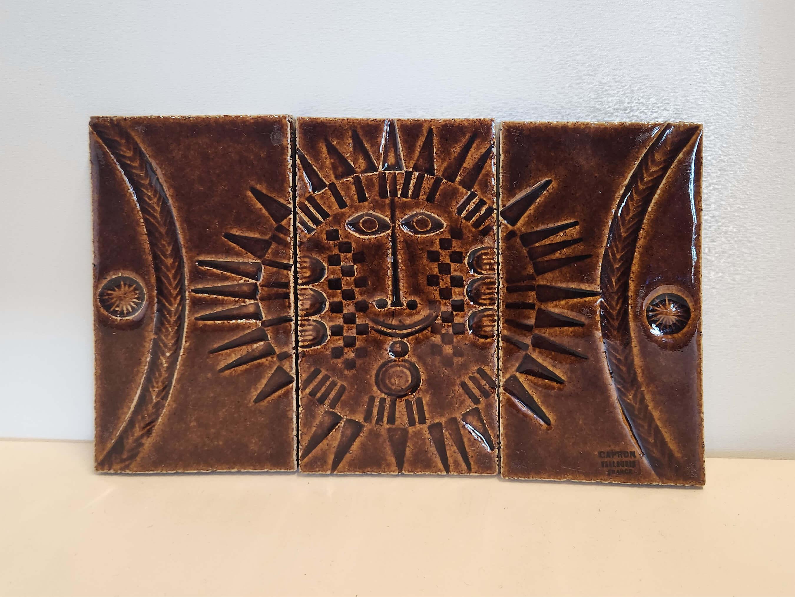 Enameled Roger Capron - Panel with 3 Ceramic Tiles - SUN