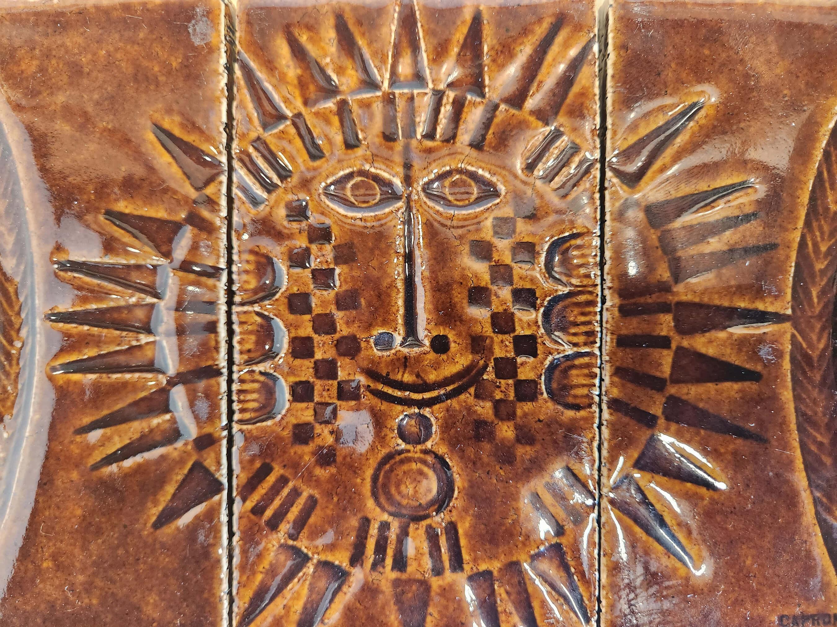 Roger Capron - Panel with 3 Ceramic Tiles - SUN In Excellent Condition In Stratford, CT