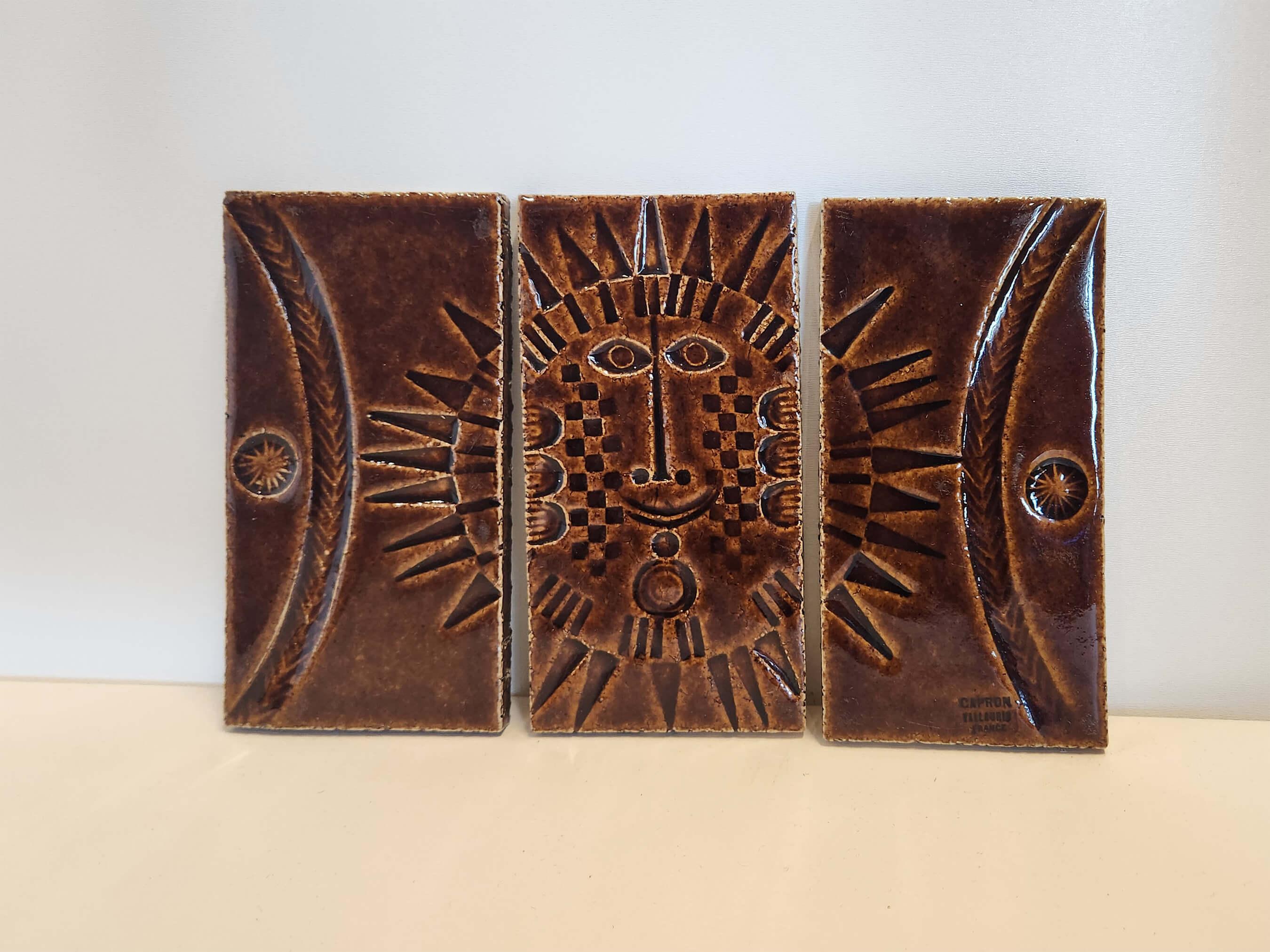 20th Century Roger Capron - Panel with 3 Ceramic Tiles - SUN