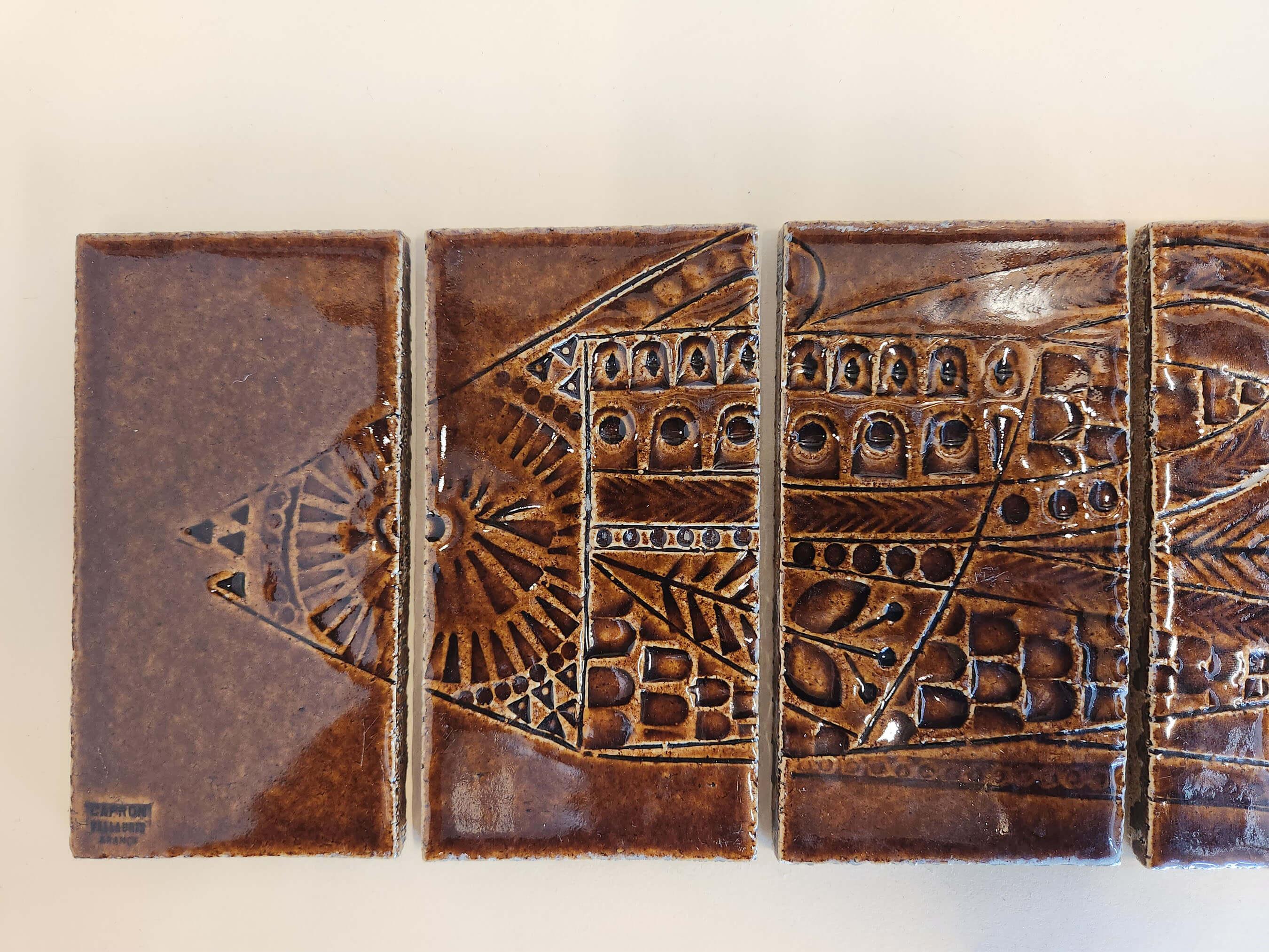 Émaillé Panneau avec 5 carreaux de céramique Roger Capron - FISH 2 en vente