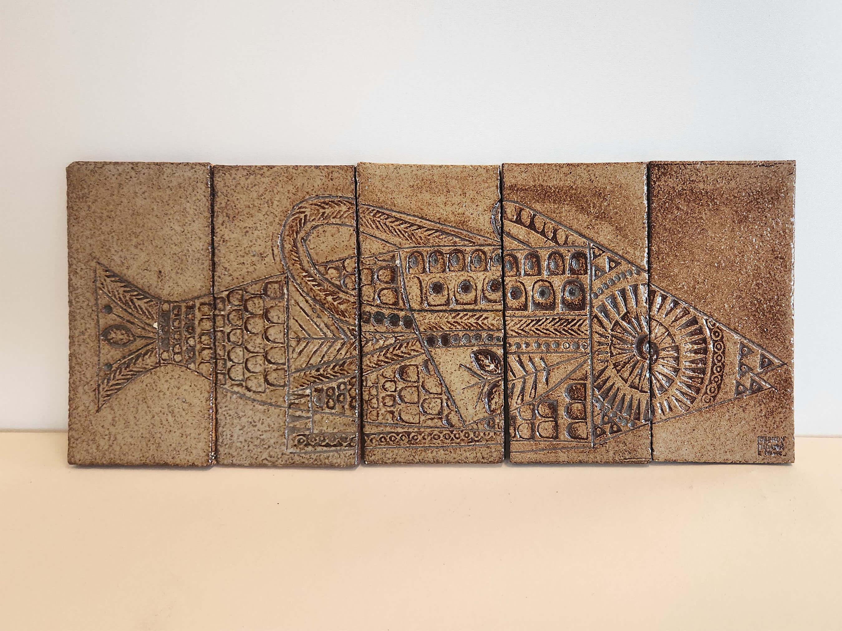 Mid-Century Modern Roger Capron Panel with 5 Ceramic Tiles - FISH 3 For Sale