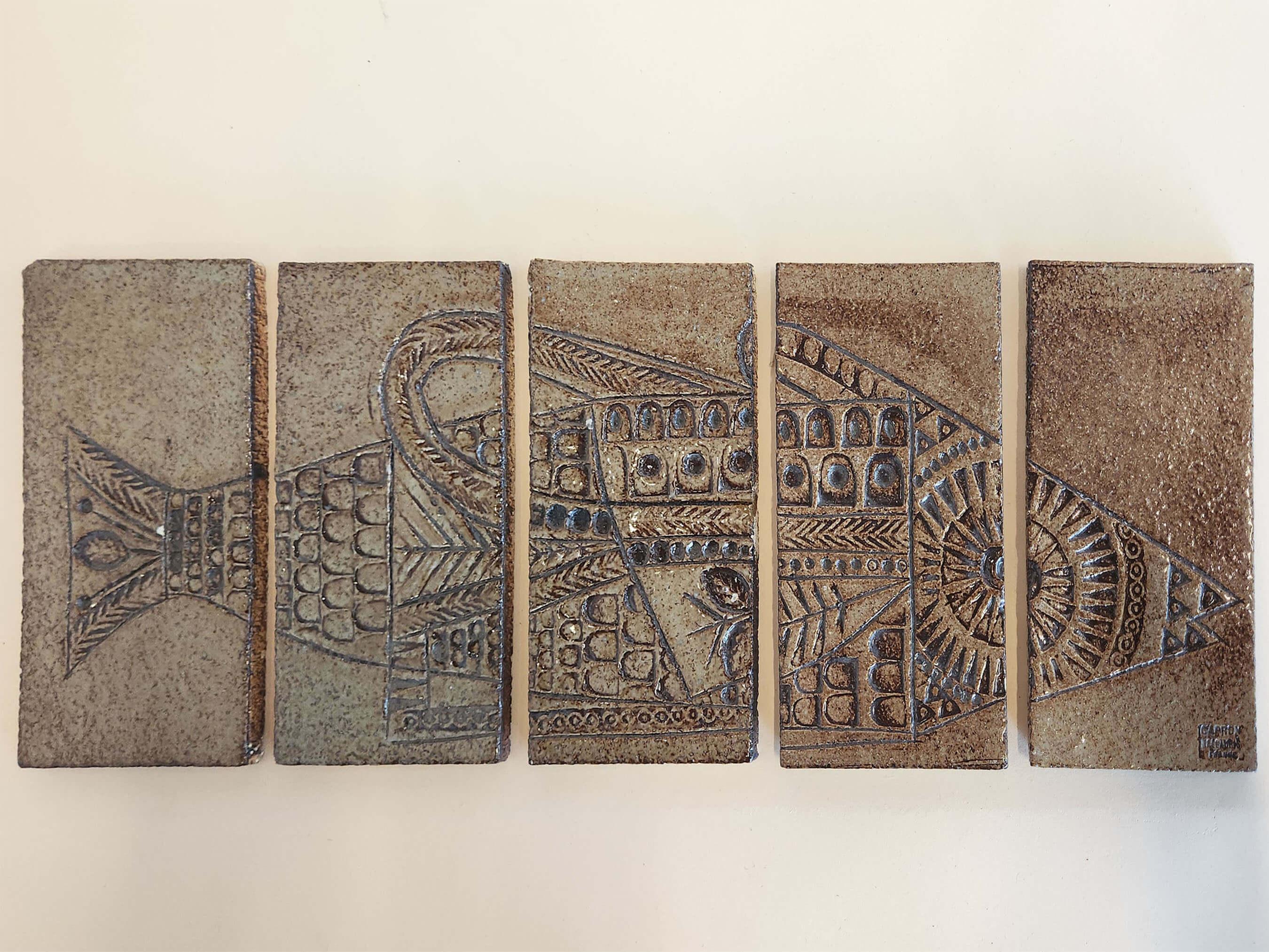 Francese Roger Capron - Pannello con 5 piastrelle in ceramica - FISH 3 in vendita