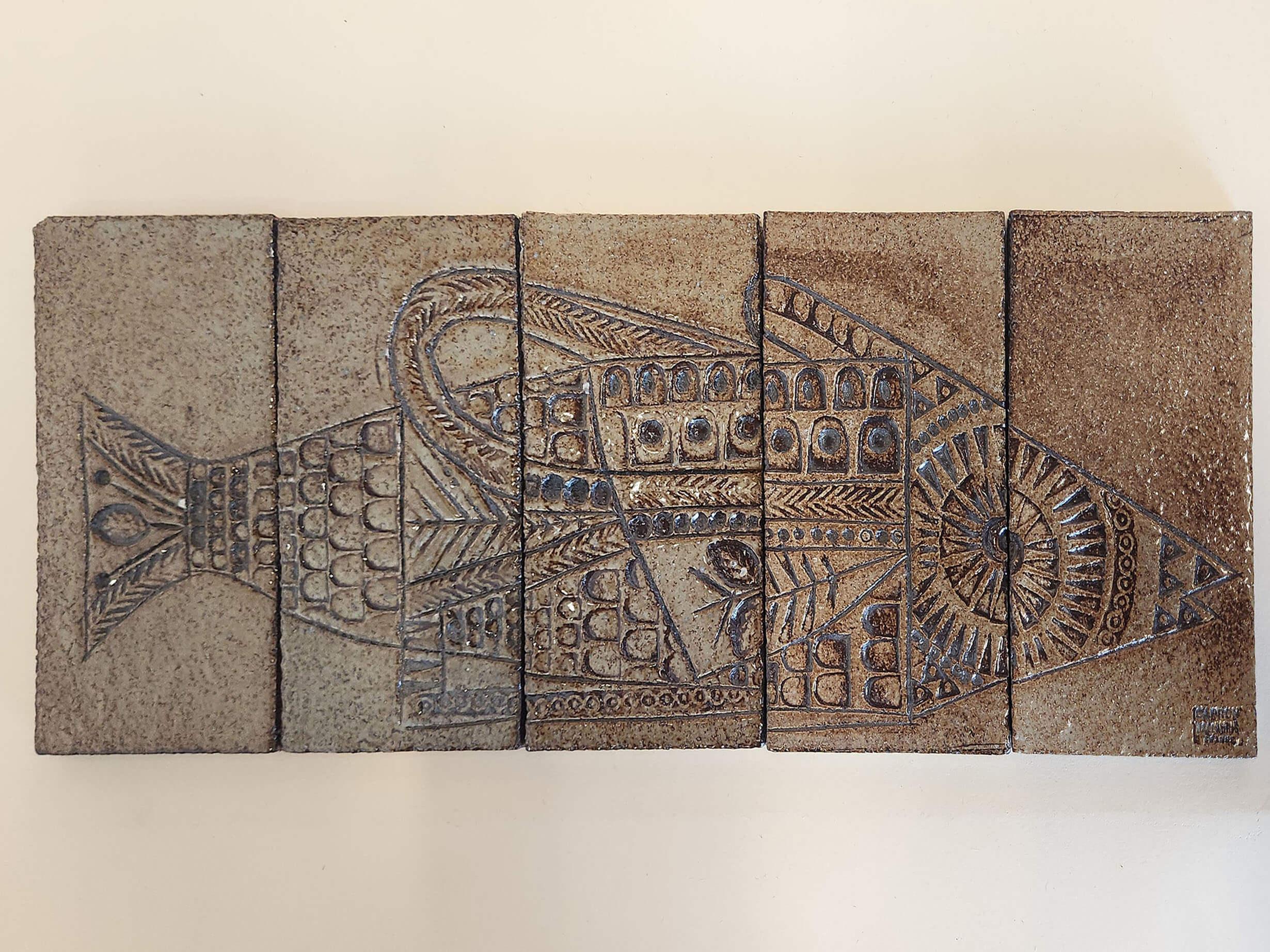Roger Capron Panel with 5 Ceramic Tiles - FISH 3 For Sale 1