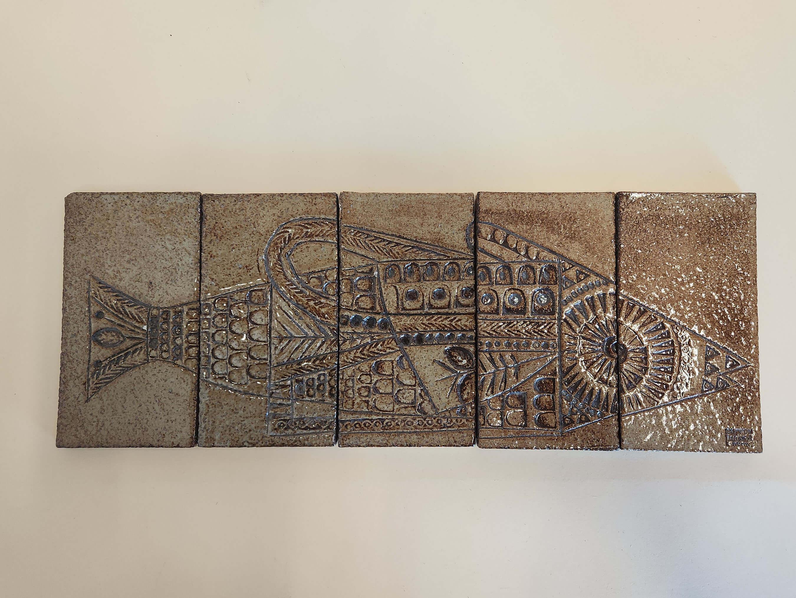 Roger Capron - Pannello con 5 piastrelle in ceramica - FISH 3 in vendita 1