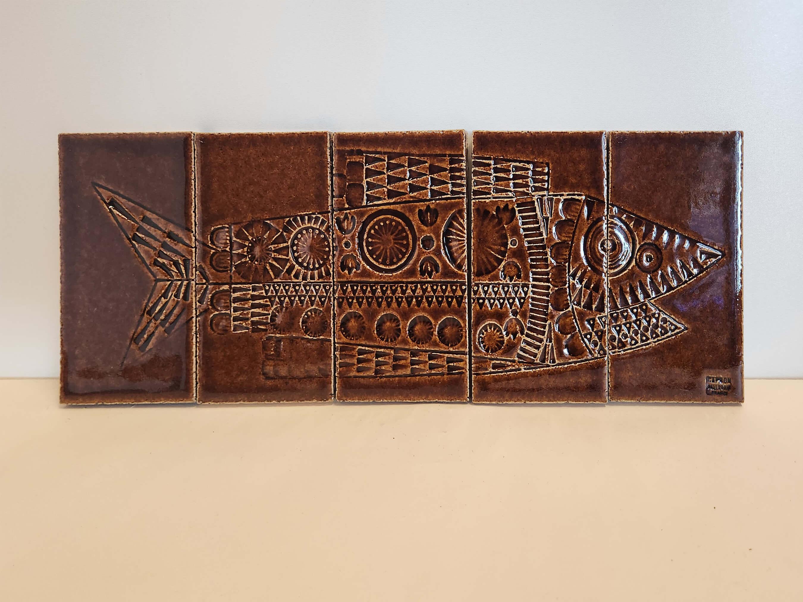 Mid-Century Modern Roger Capron Panel with 5 Ceramic Tiles - FISH For Sale