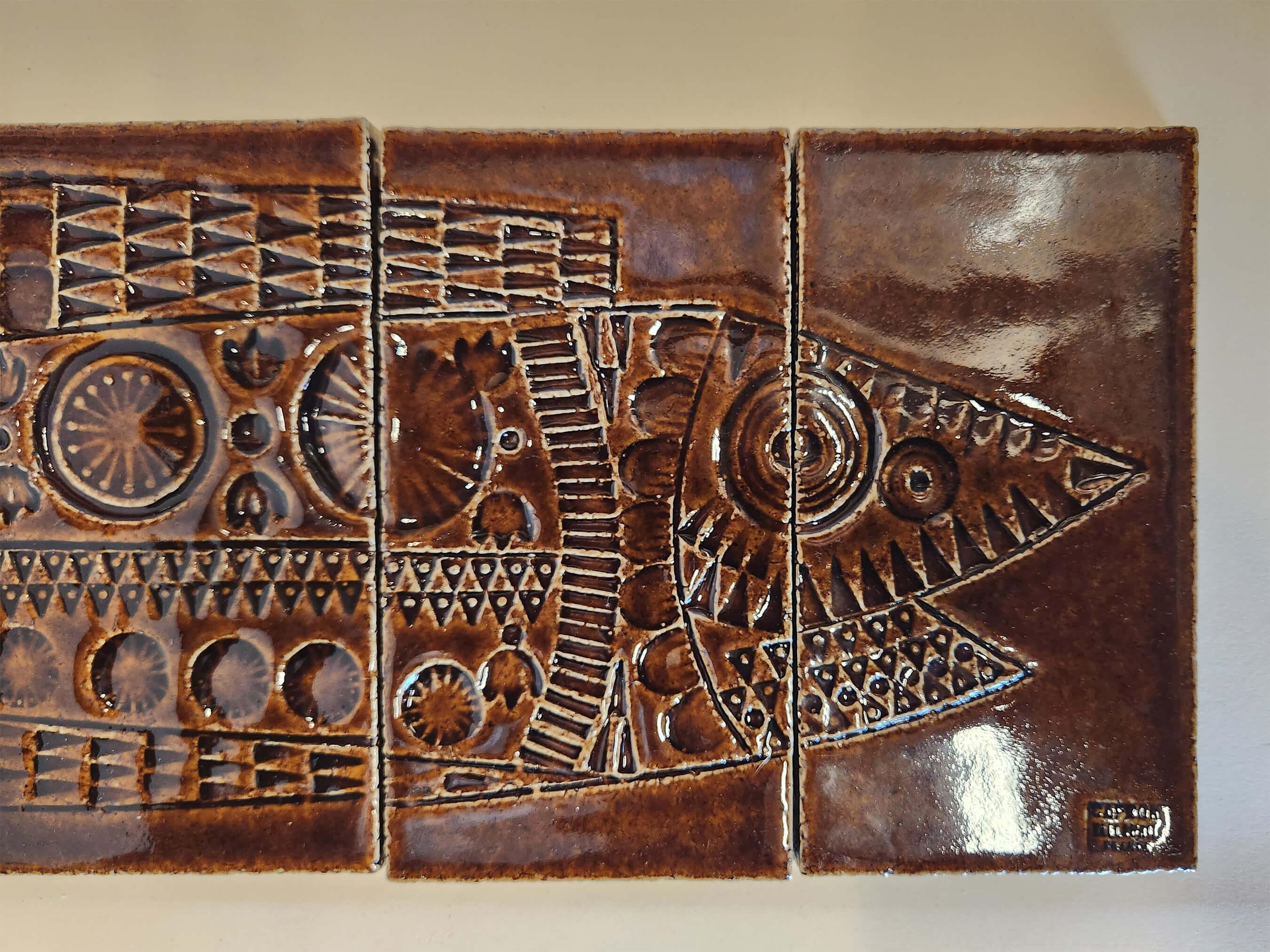 20th Century Roger Capron Panel with 5 Ceramic Tiles - FISH For Sale
