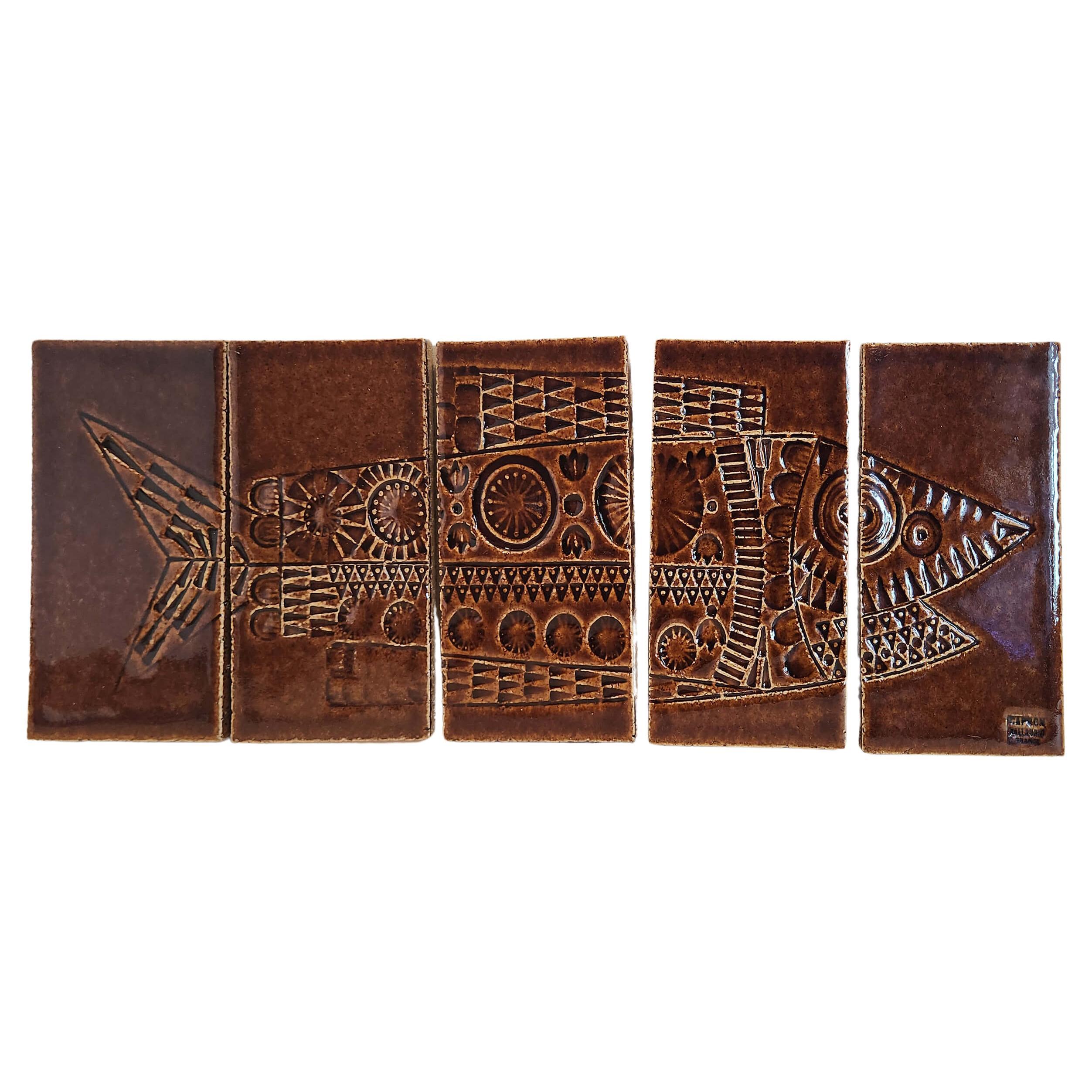 Roger Capron Panel with 5 Ceramic Tiles - FISH For Sale