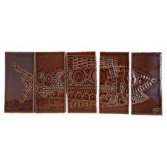 Vintage Roger Capron Panel with 5 Ceramic Tiles - FISH