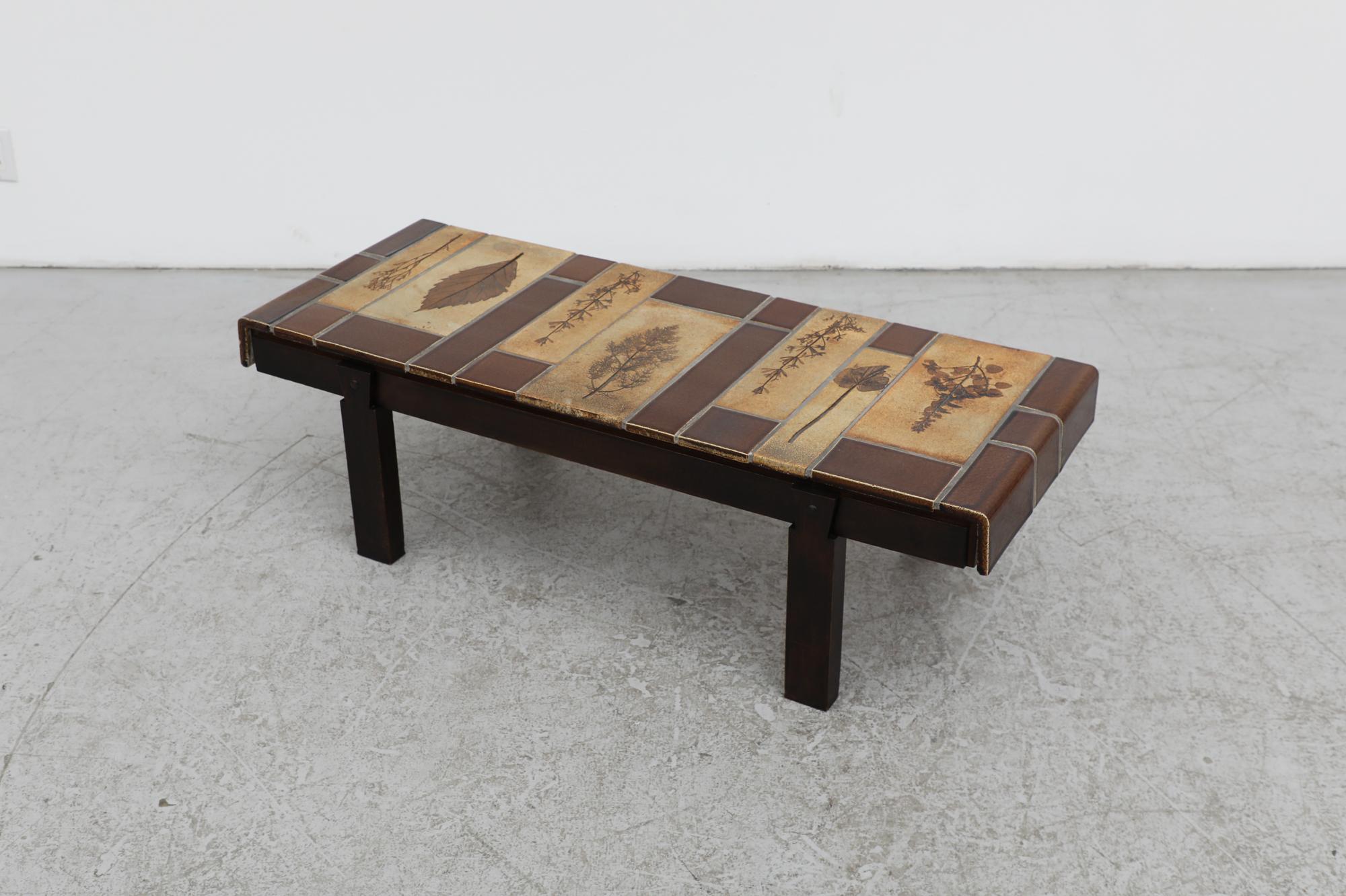 French Roger Capron Brown Rectangular 'Garrigure' Coffee Table w/ Pressed Leaf Tiles