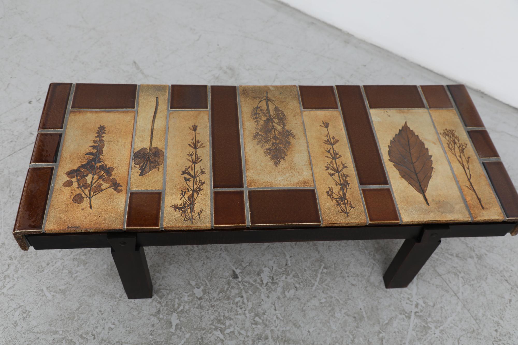 Ceramic Roger Capron Brown Rectangular 'Garrigure' Coffee Table w/ Pressed Leaf Tiles