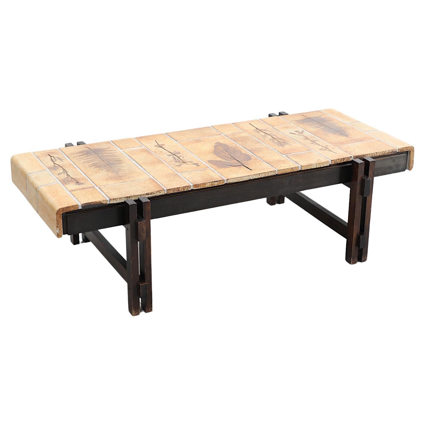 Roger Capron Rectangular 'Garrigue' Coffee Table w/ Pressed Leaf Ceramaic Tiles For Sale