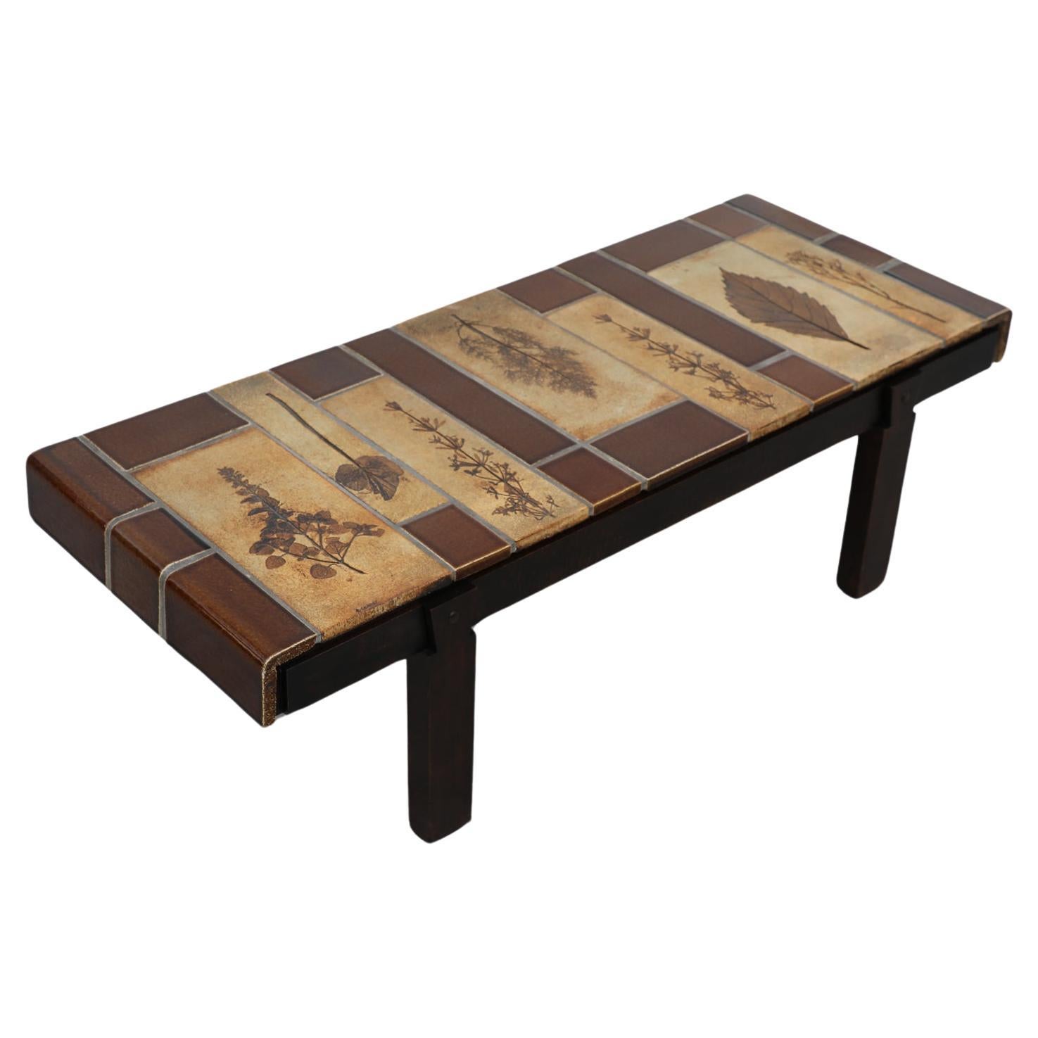 Roger Capron Brown Rectangular 'Garrigure' Coffee Table w/ Pressed Leaf Tiles