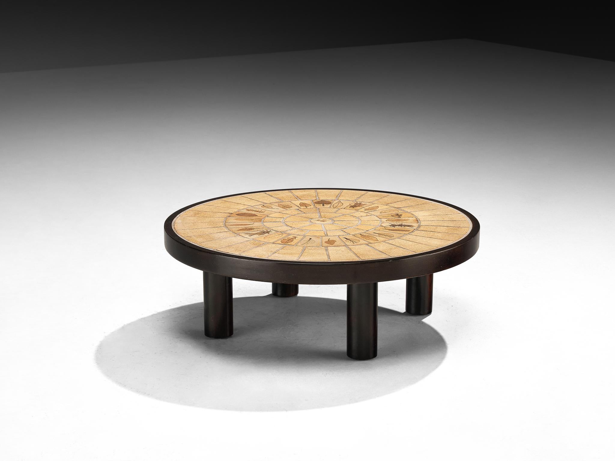 Roger Capron Round Coffee Table with Fauna Imprints in Ceramic and Wood For Sale 4