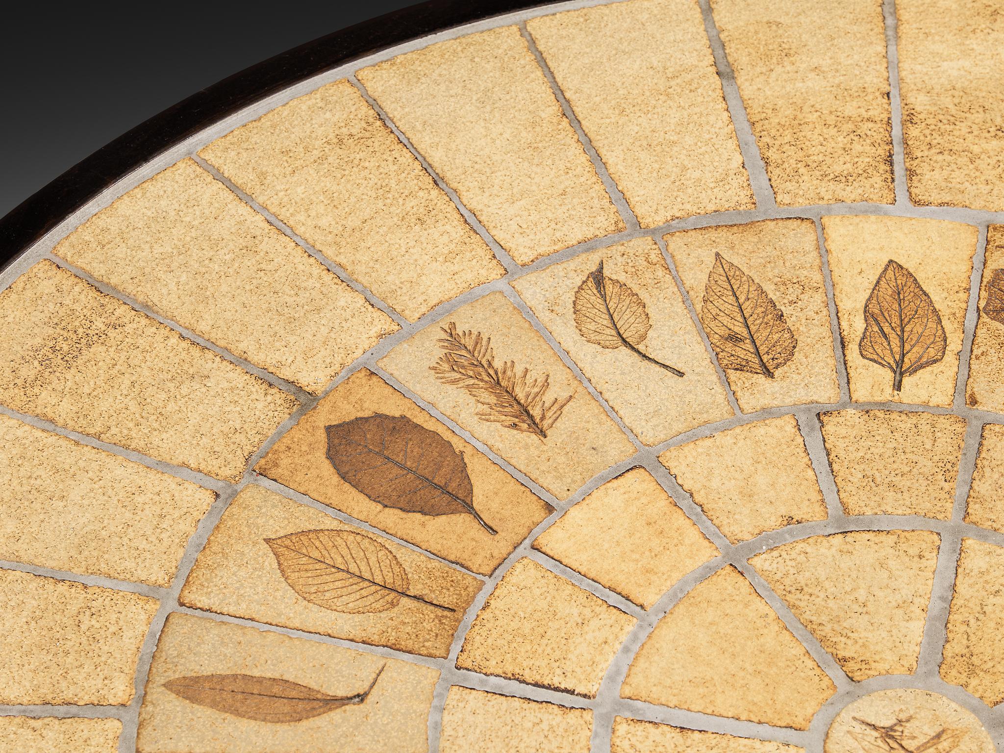 Roger Capron Round Coffee Table with Fauna Imprints in Ceramic and Wood For Sale 5