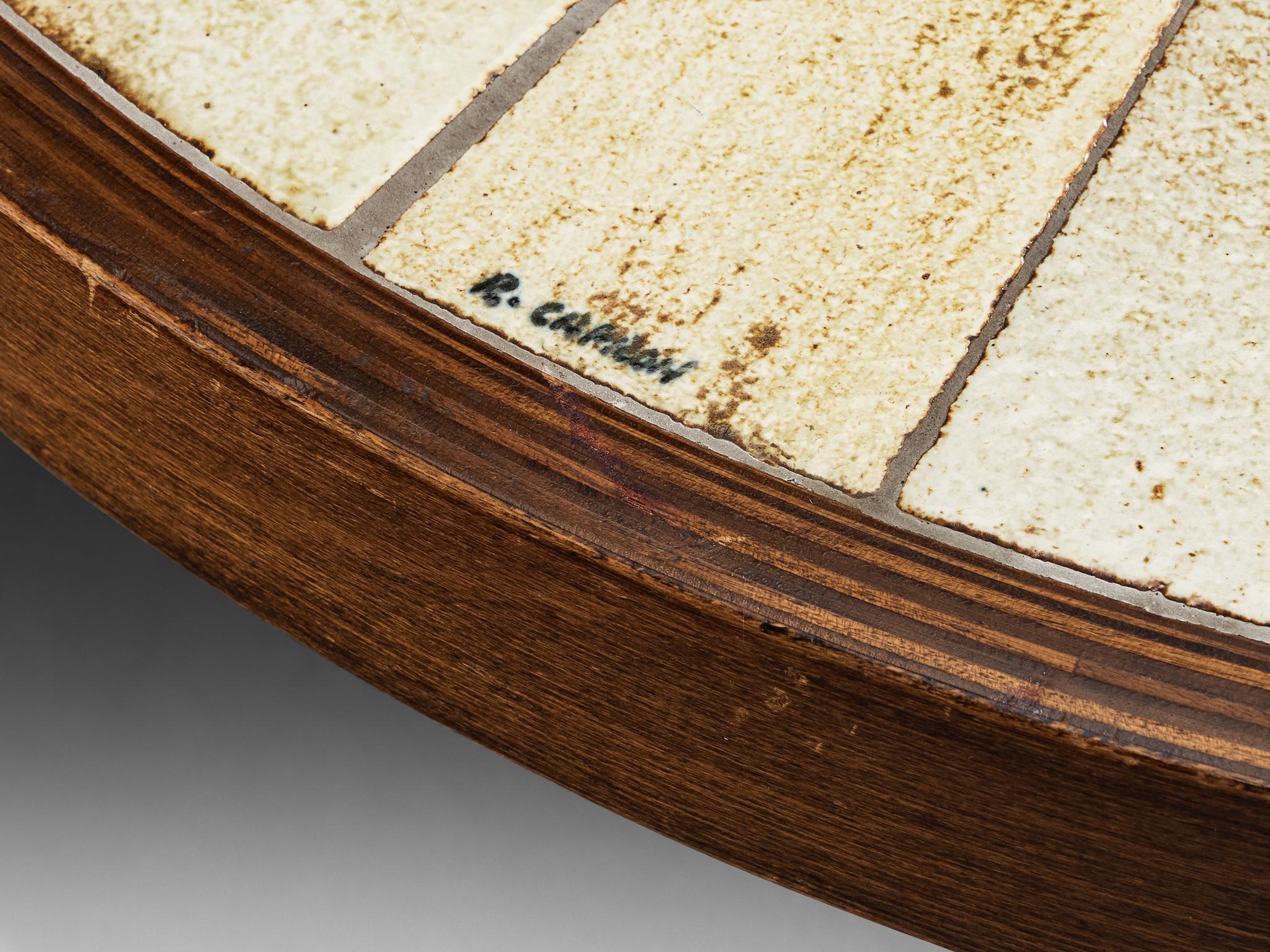 Roger Capron Round Coffee Table with Fauna Imprints in Ceramic and Wood in vendita 5