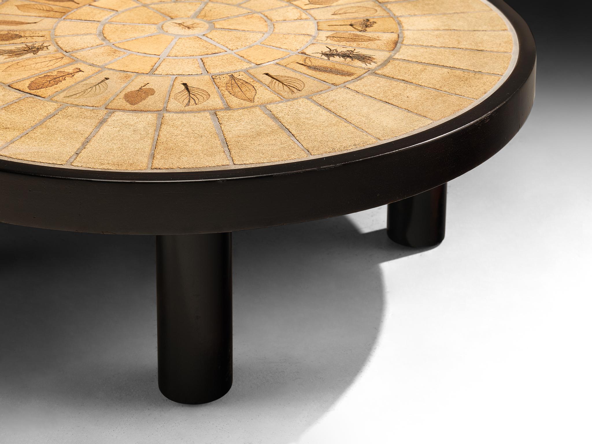 Mid-Century Modern Roger Capron Round Coffee Table with Fauna Imprints in Ceramic and Wood For Sale