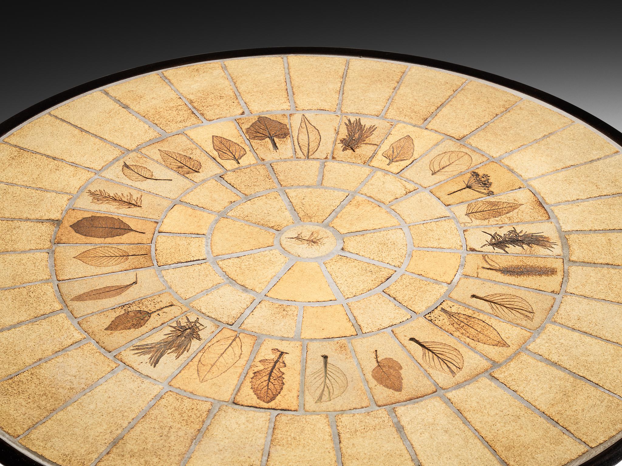 Mid-20th Century Roger Capron Round Coffee Table with Fauna Imprints in Ceramic and Wood For Sale