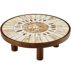 Roger Capron Round Coffee Table with Fauna Imprints in Ceramic and Wood