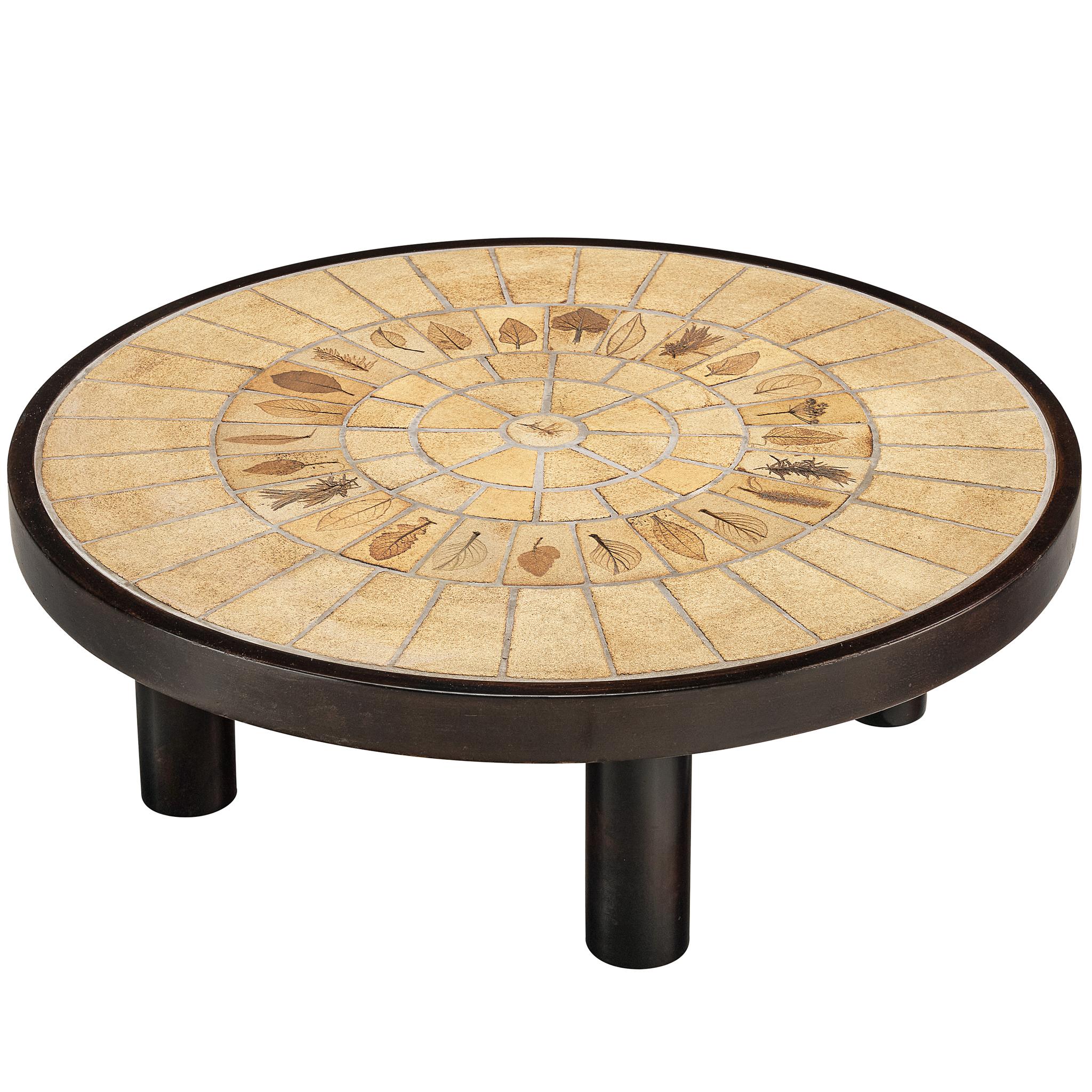 Roger Capron Round Coffee Table with Fauna Imprints in Ceramic and Wood For Sale