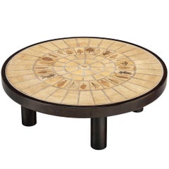 Roger Capron Round Coffee Table with Fauna Imprints in Ceramic and Wood