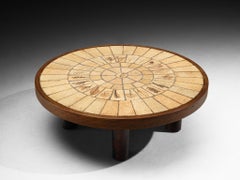 Roger Capron Round Coffee Table with Floral Imprints in Ceramic and Wood